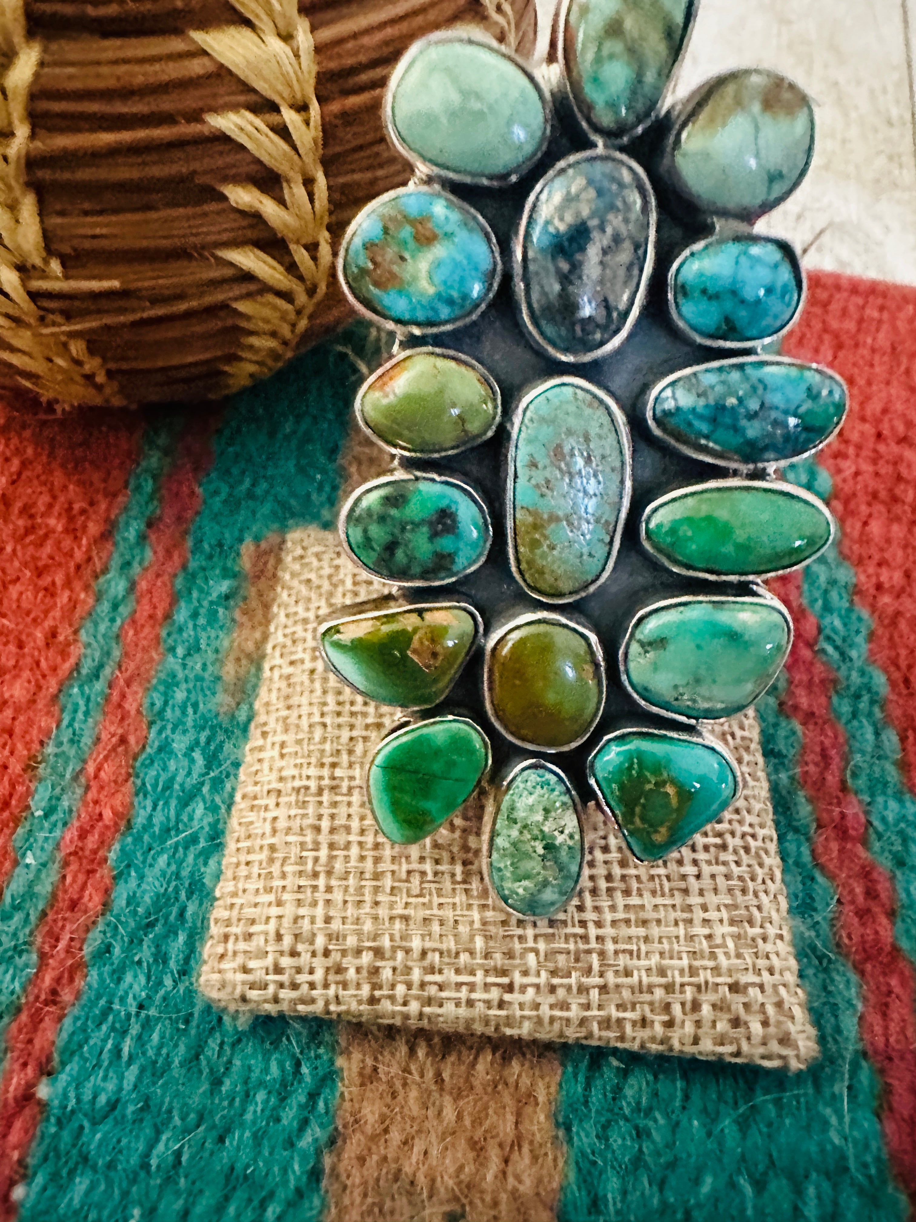 Handcrafted Turquoise & Sterling Silver Cluster Adjustable Ring by Federico Jimenez