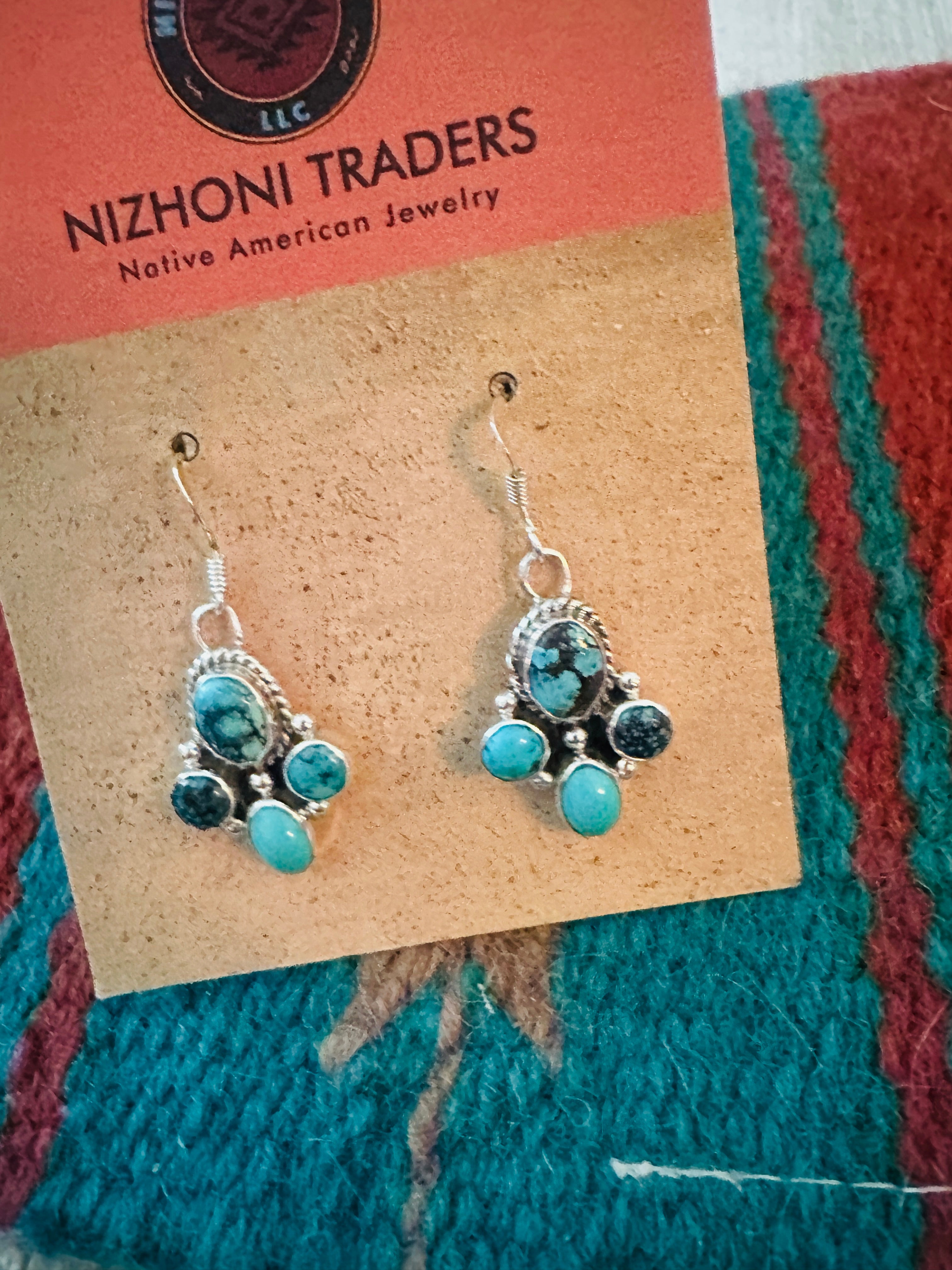 Handcrafted Turquoise & Sterling Silver Cluster Dangle Earrings