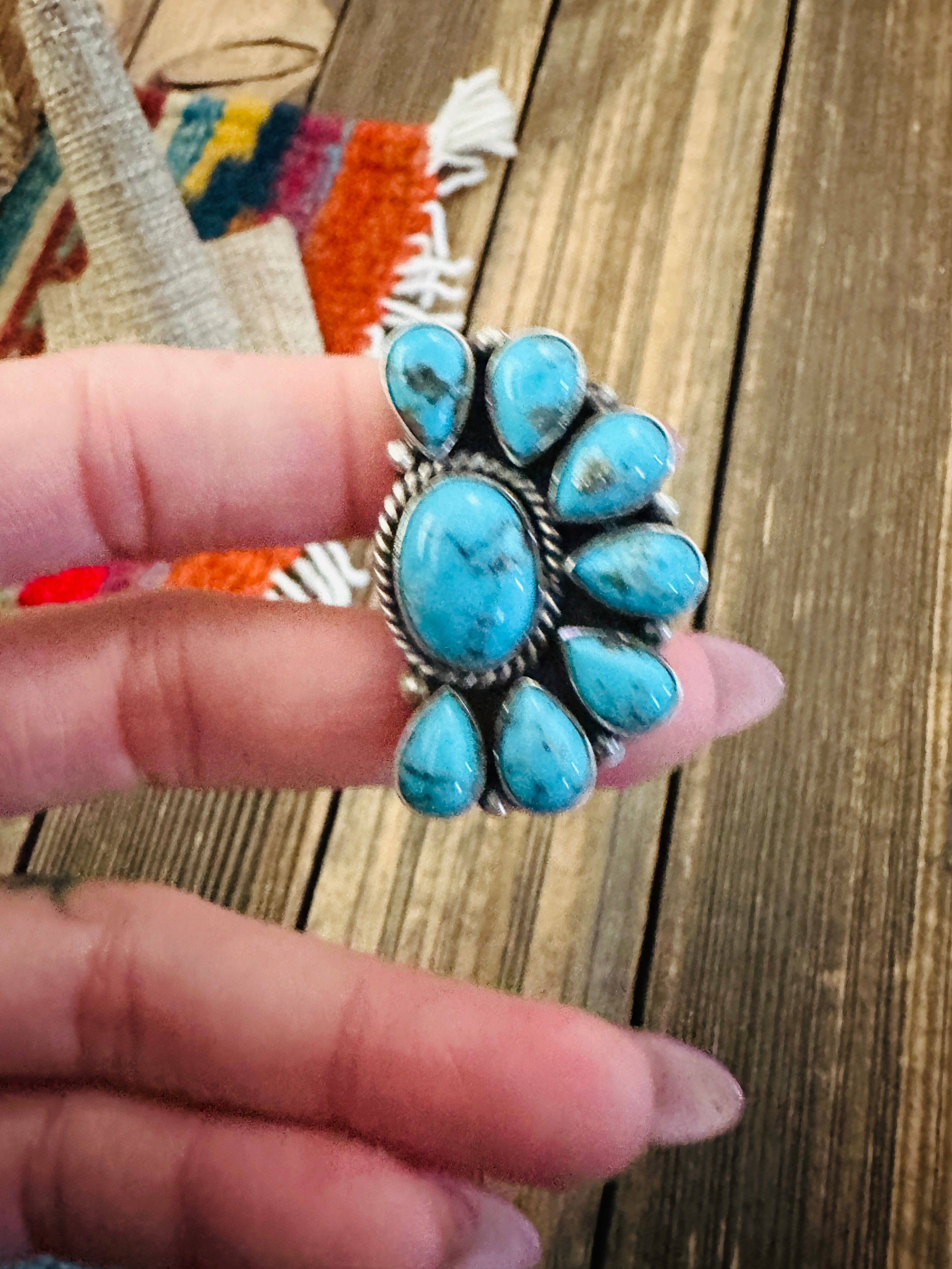 Handcrafted Turquoise & Sterling Silver Adjustable Cluster Ring by Elouise Richards