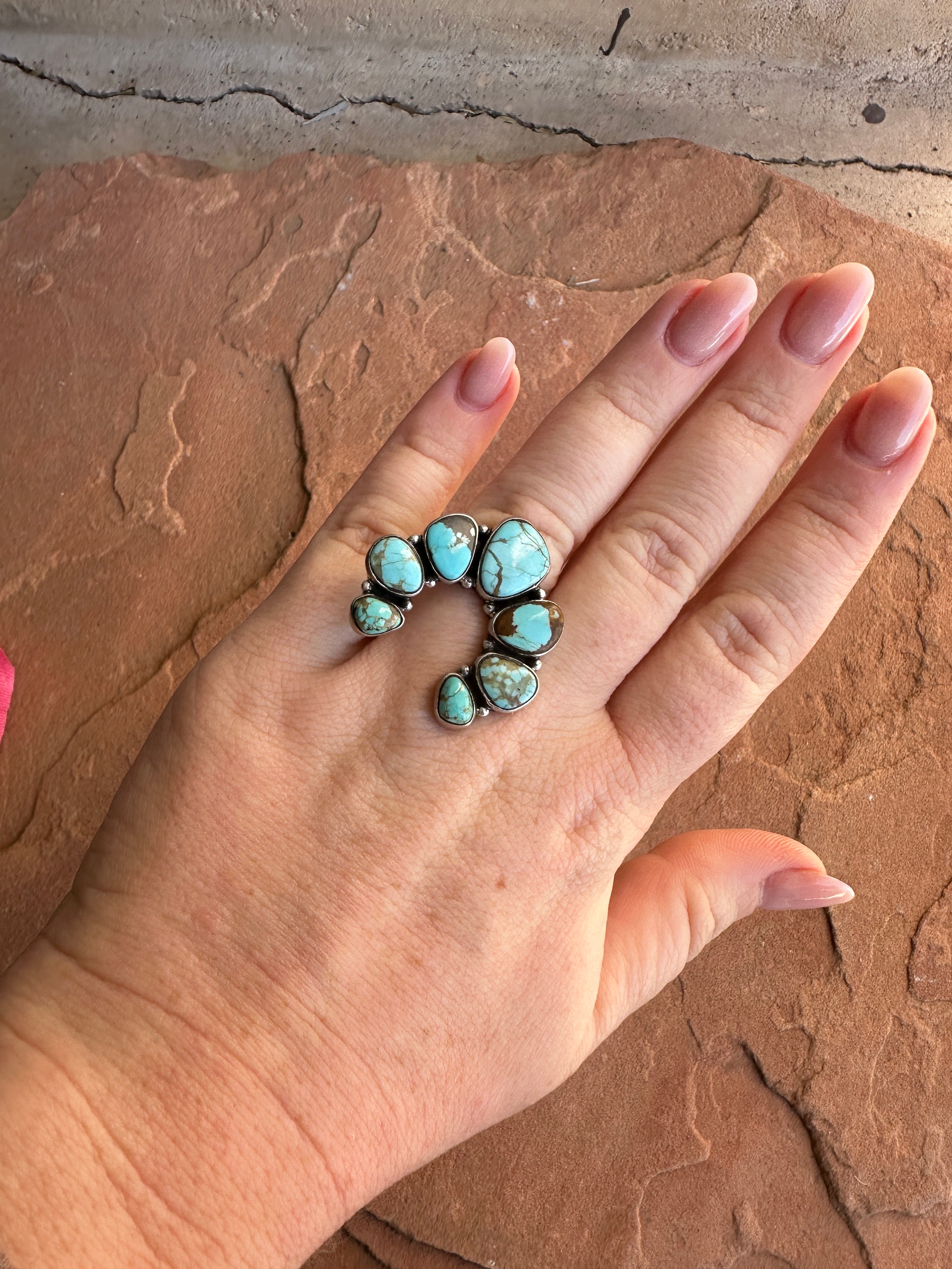 Beautiful Handmade Number 8 Turquoise And Sterling Silver Adjustable Naja Ring