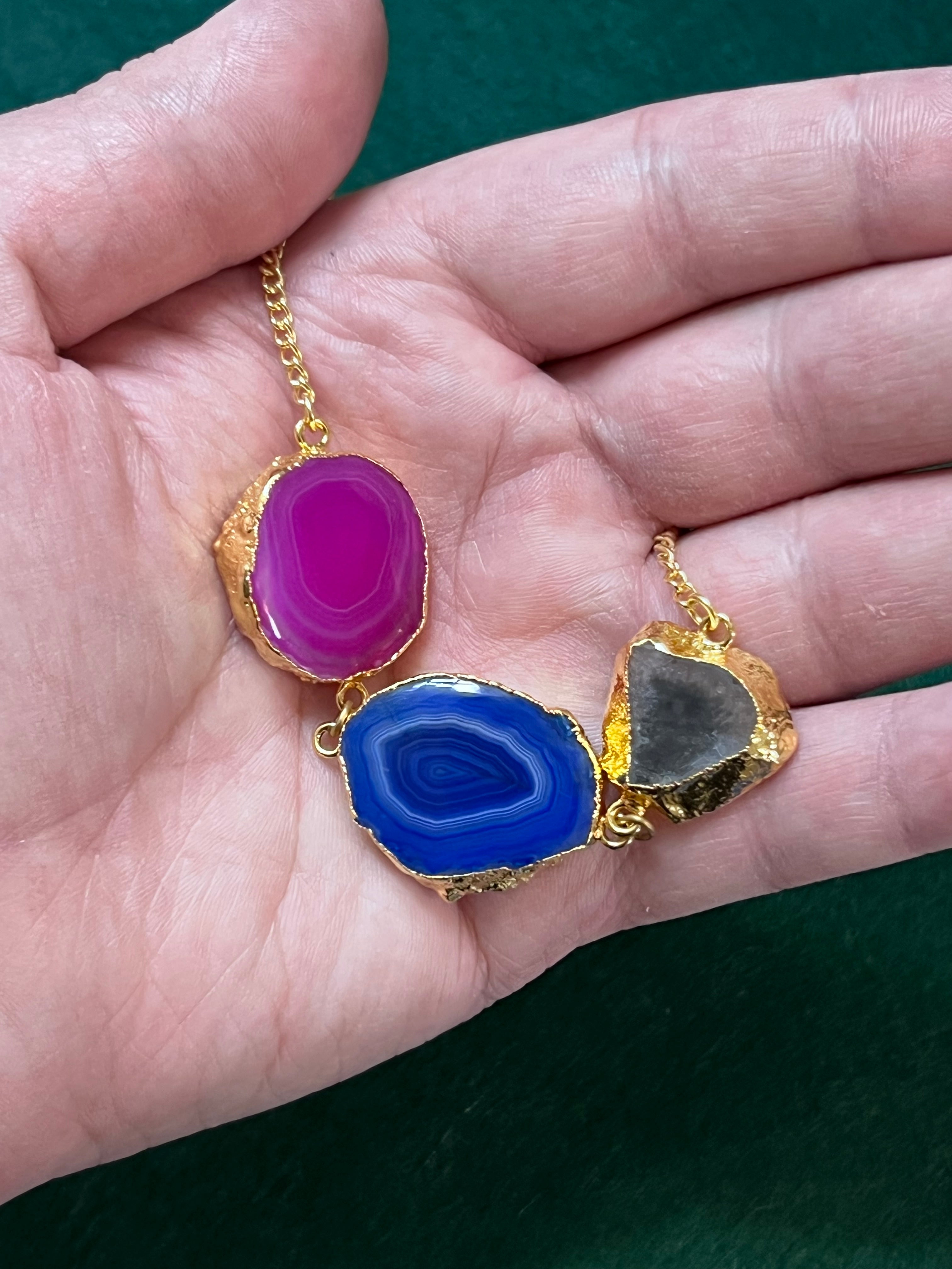 Handmade 14k Gold Druzy Plated Brass With Hot Pink, Grey, & Blue Geodes Bracelet