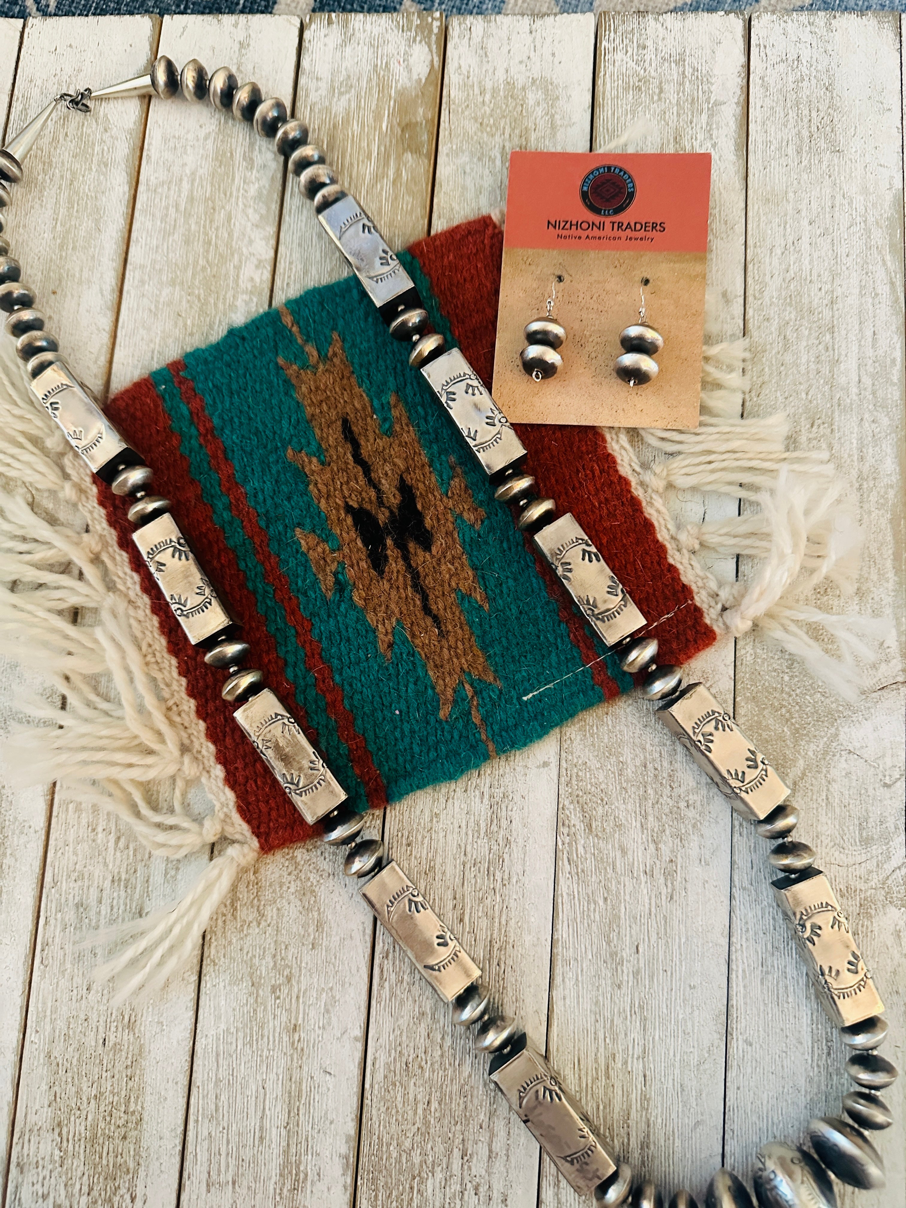 Handcrafted & Hand Stamped Sterling Silver Beaded Necklace & Earring Set