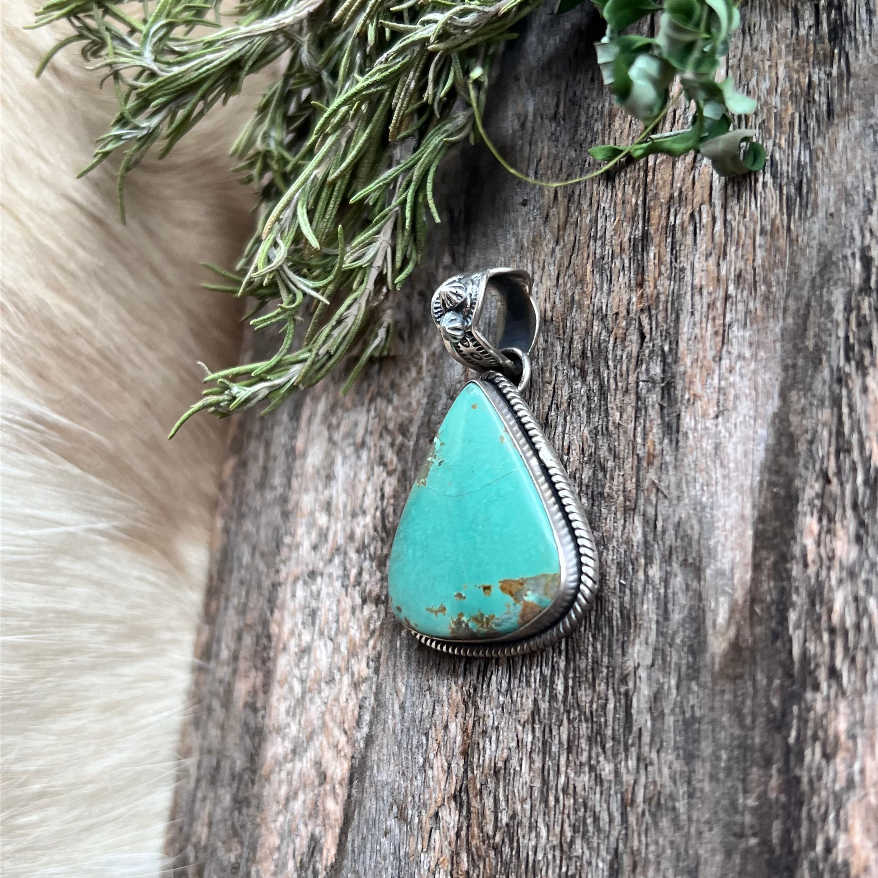 Handmade Green Turquoise Triangle Shaped Sterling Silver Pendant
