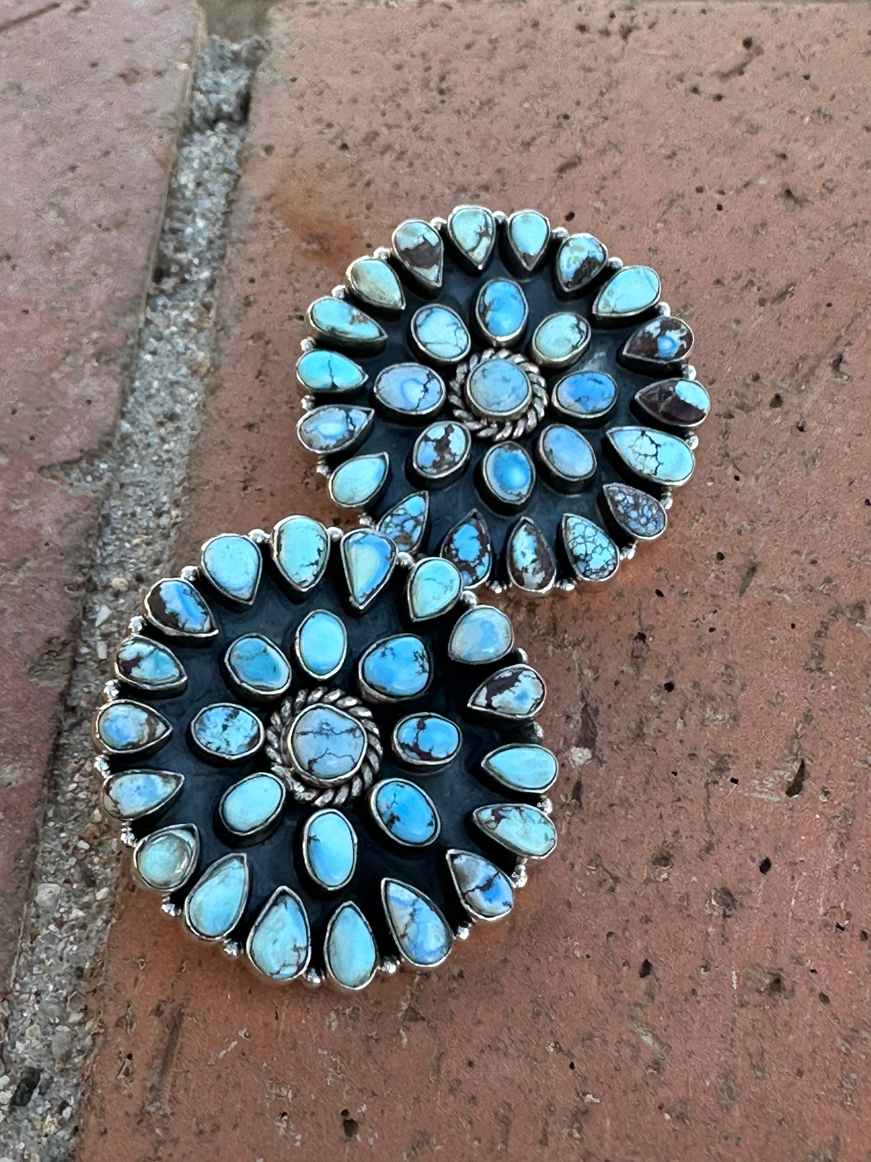 Handmade Golden Hills Turquoise & Sterling Silver Cluster Post Earrings 2”