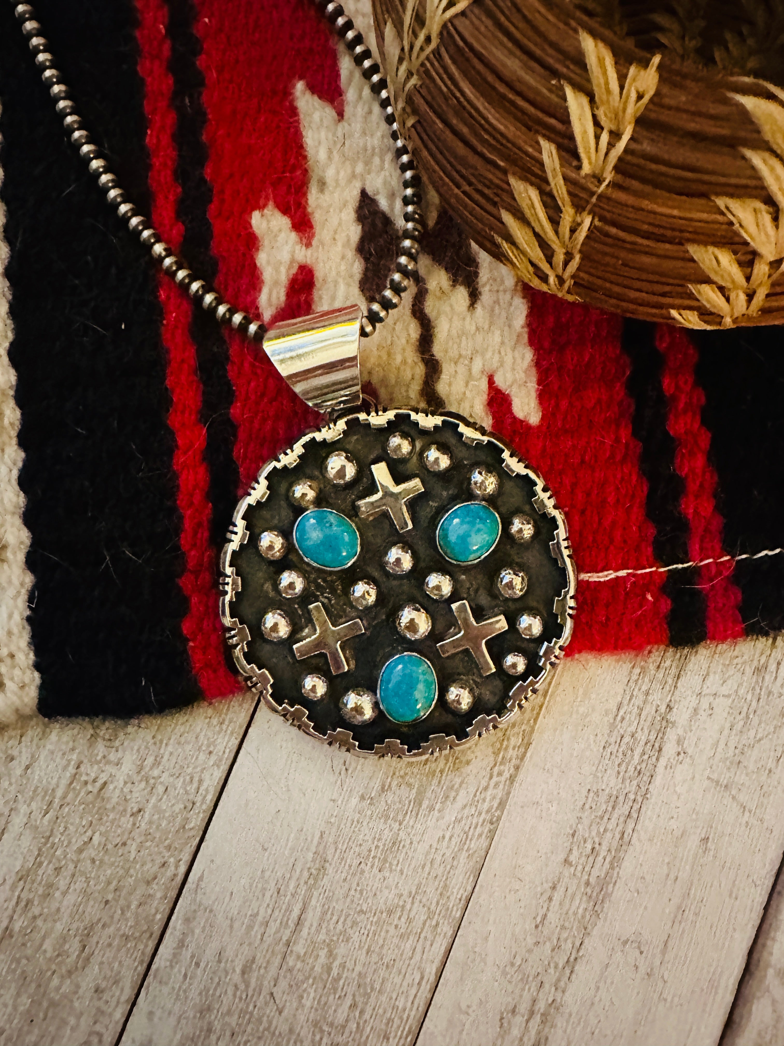 Navajo Sterling Silver & Turquoise Cross Pendant by Chimney Butte