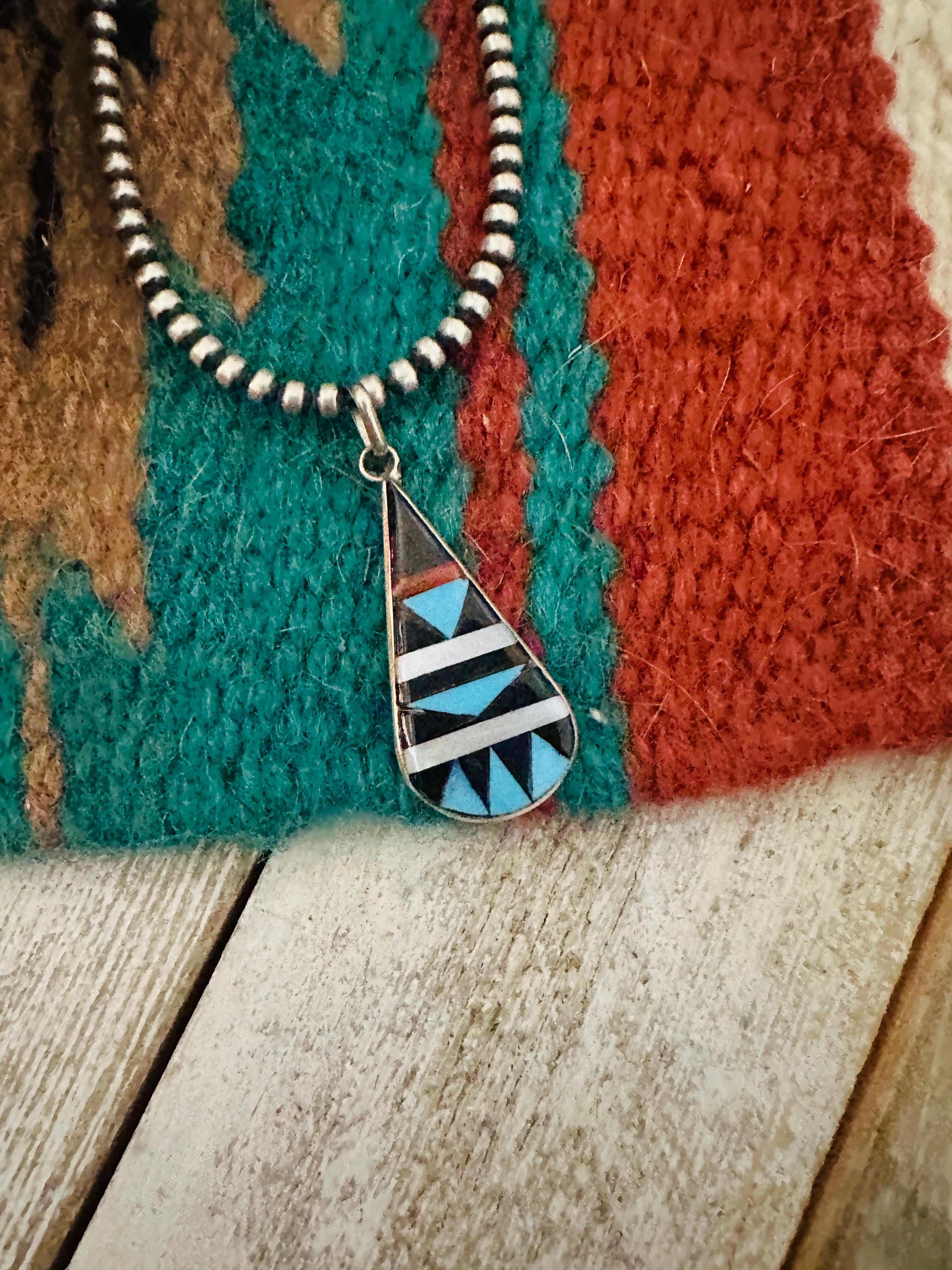 Zuni Multi Stone & Sterling Silver Inlay Teardrop Pendant