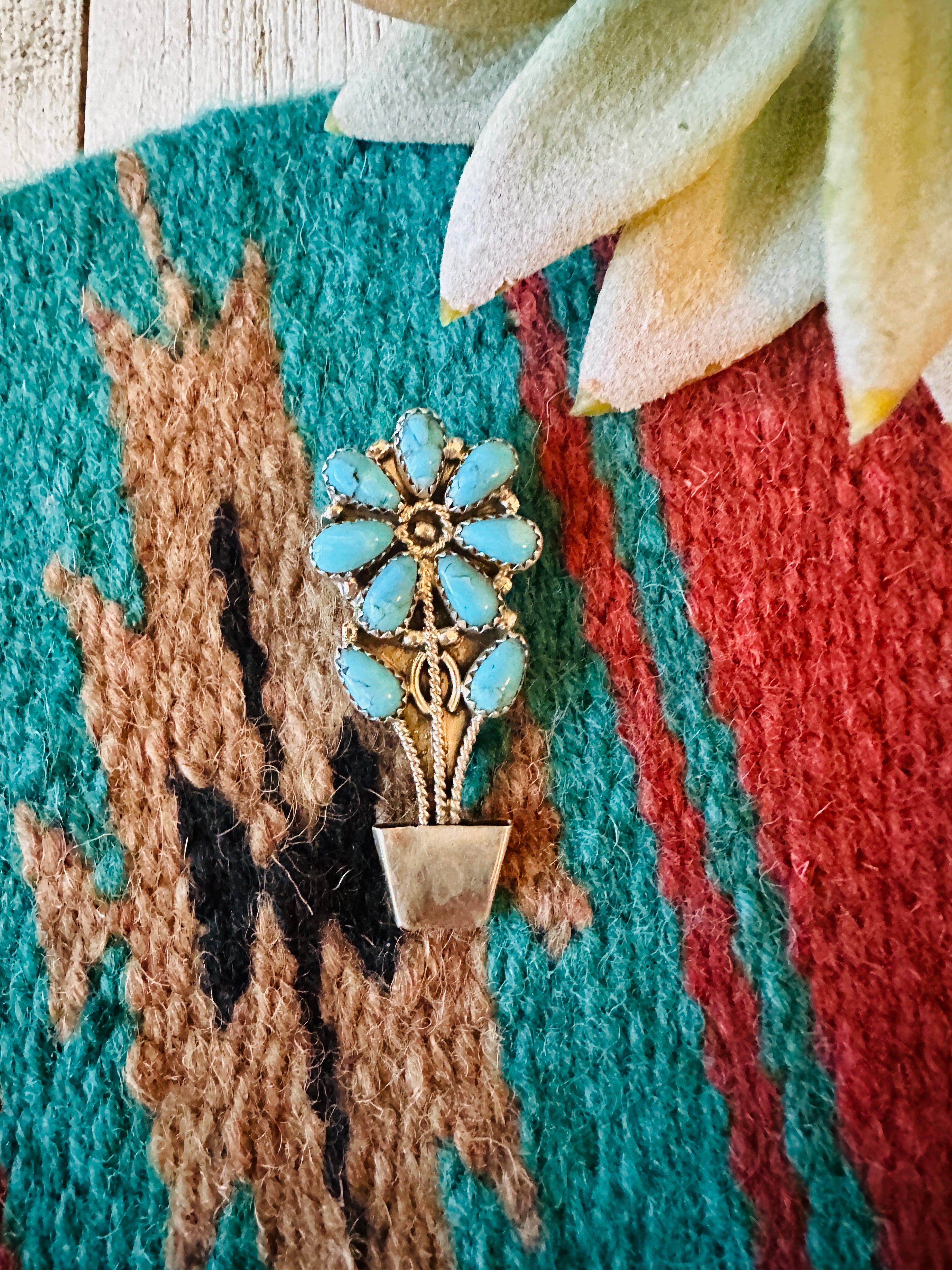 Navajo Turquoise & Sterling Silver Flower Brooch