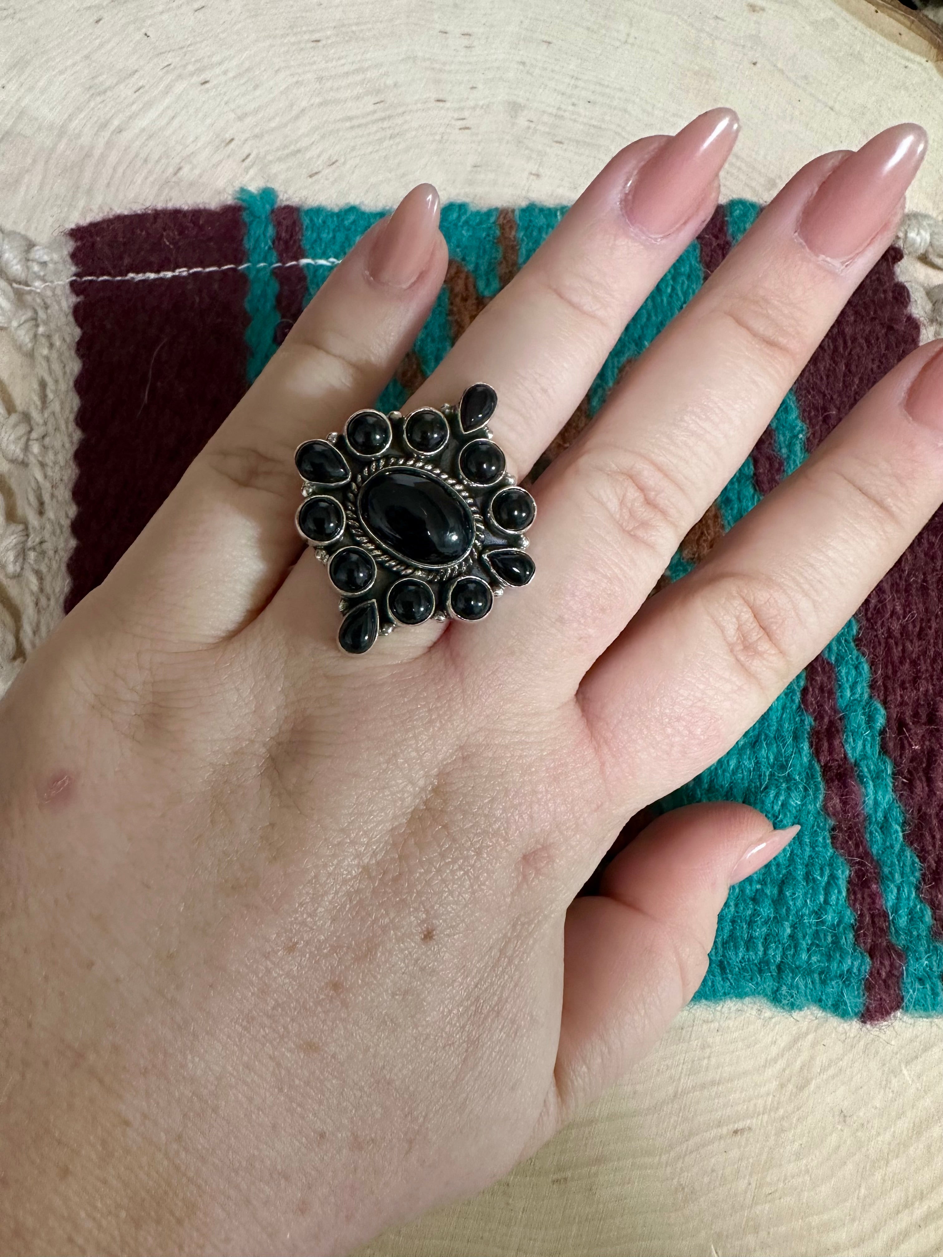 Handmade Onyx & Sterling Silver Adjustable Ring Signed Nizhoni