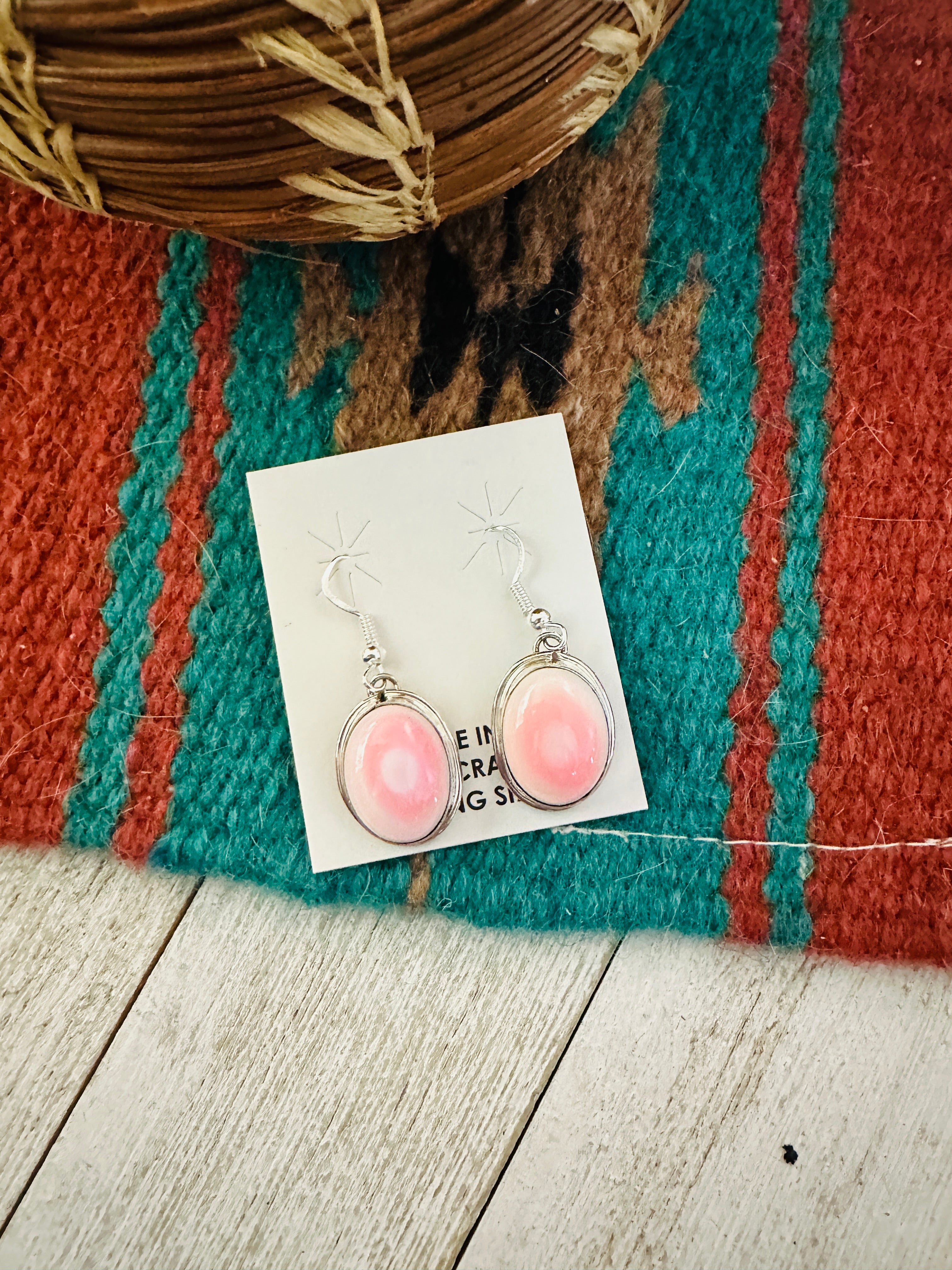 Navajo Sterling Silver & Queen Pink Conch Dangle Earrings