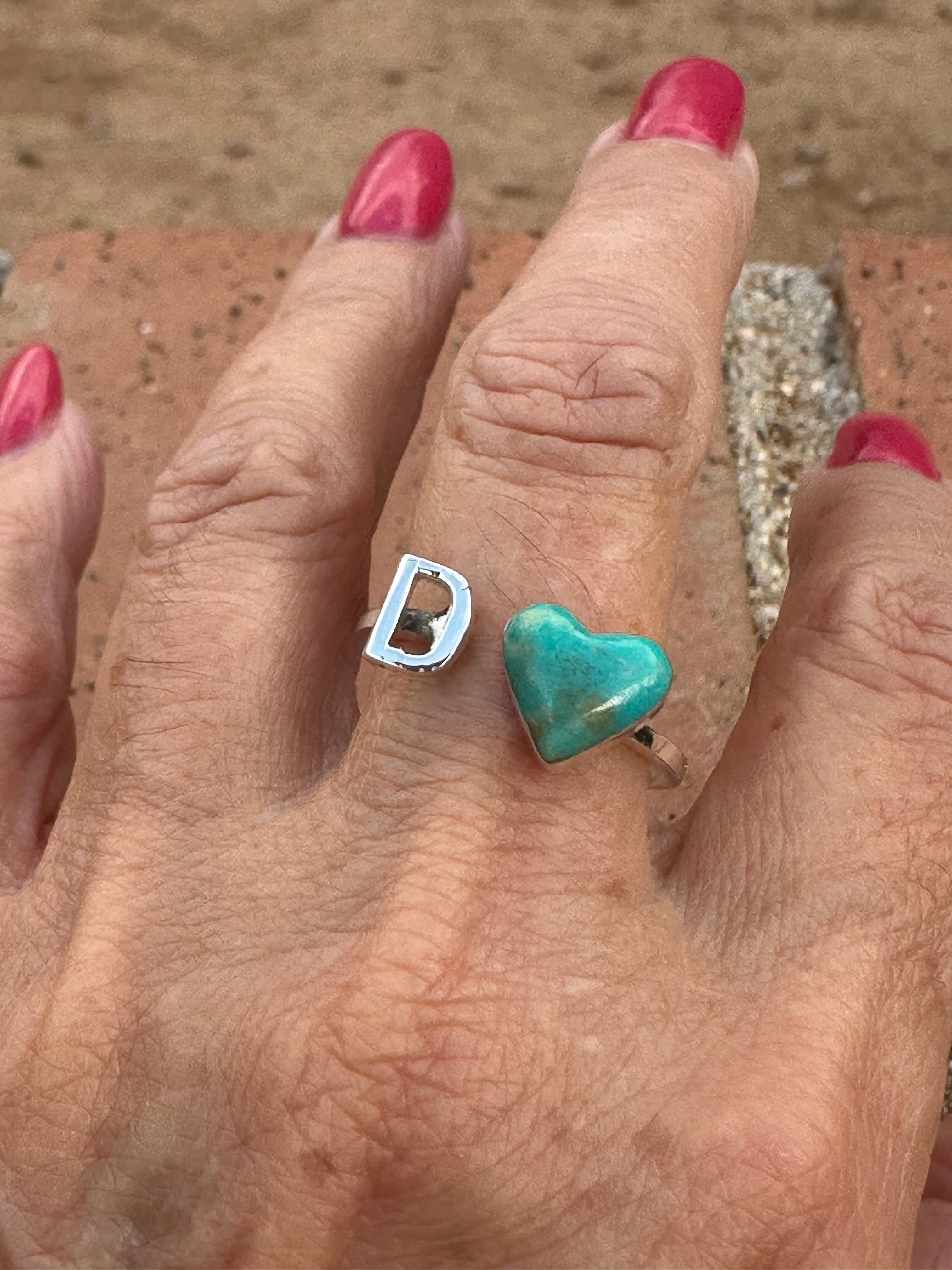 Handmade Sterling Silver & Turquoise Adjustable Initial Heart Ring