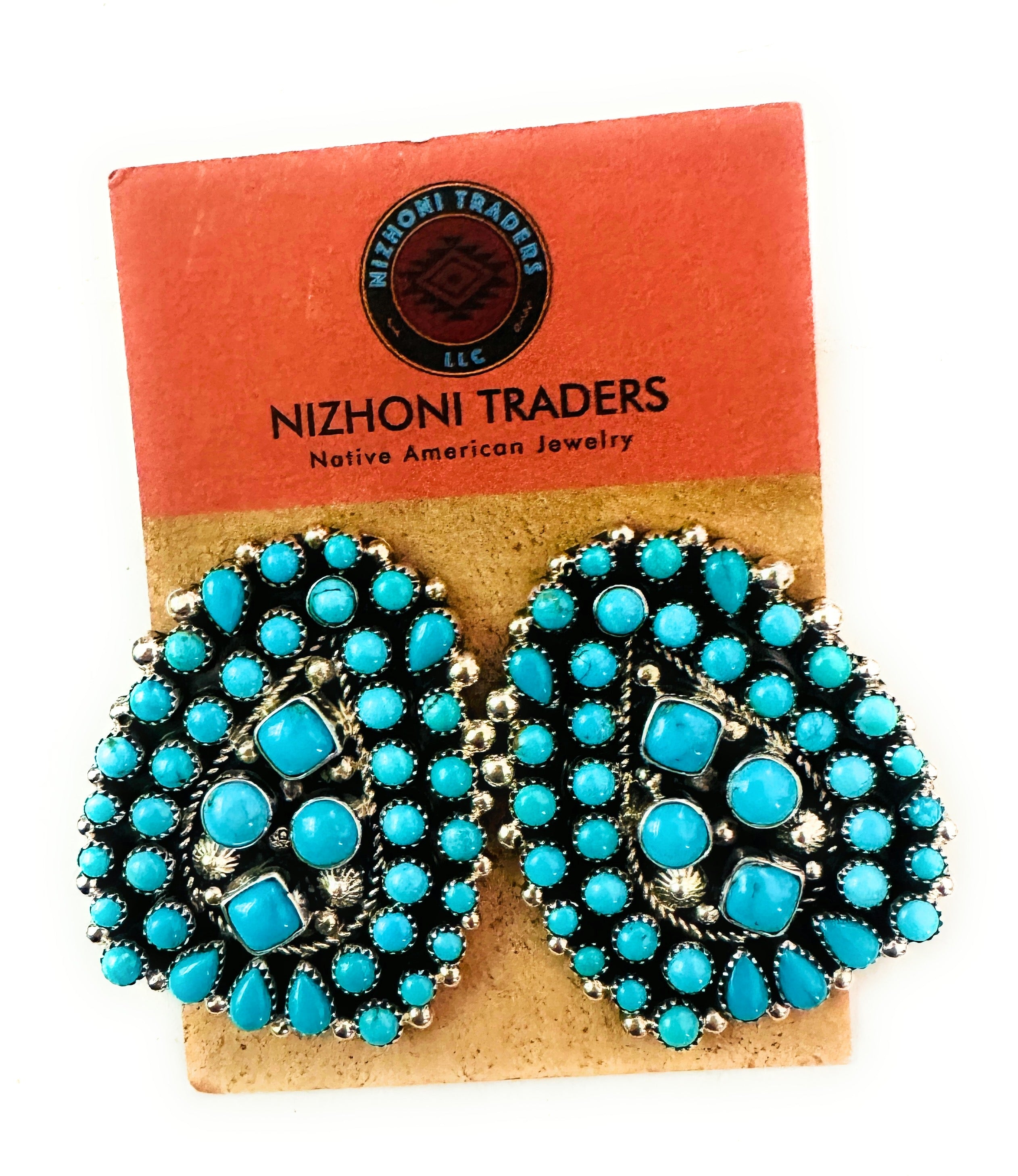 Navajo Sleeping Beauty Turquoise & Sterling Silver Cluster Post Earrings