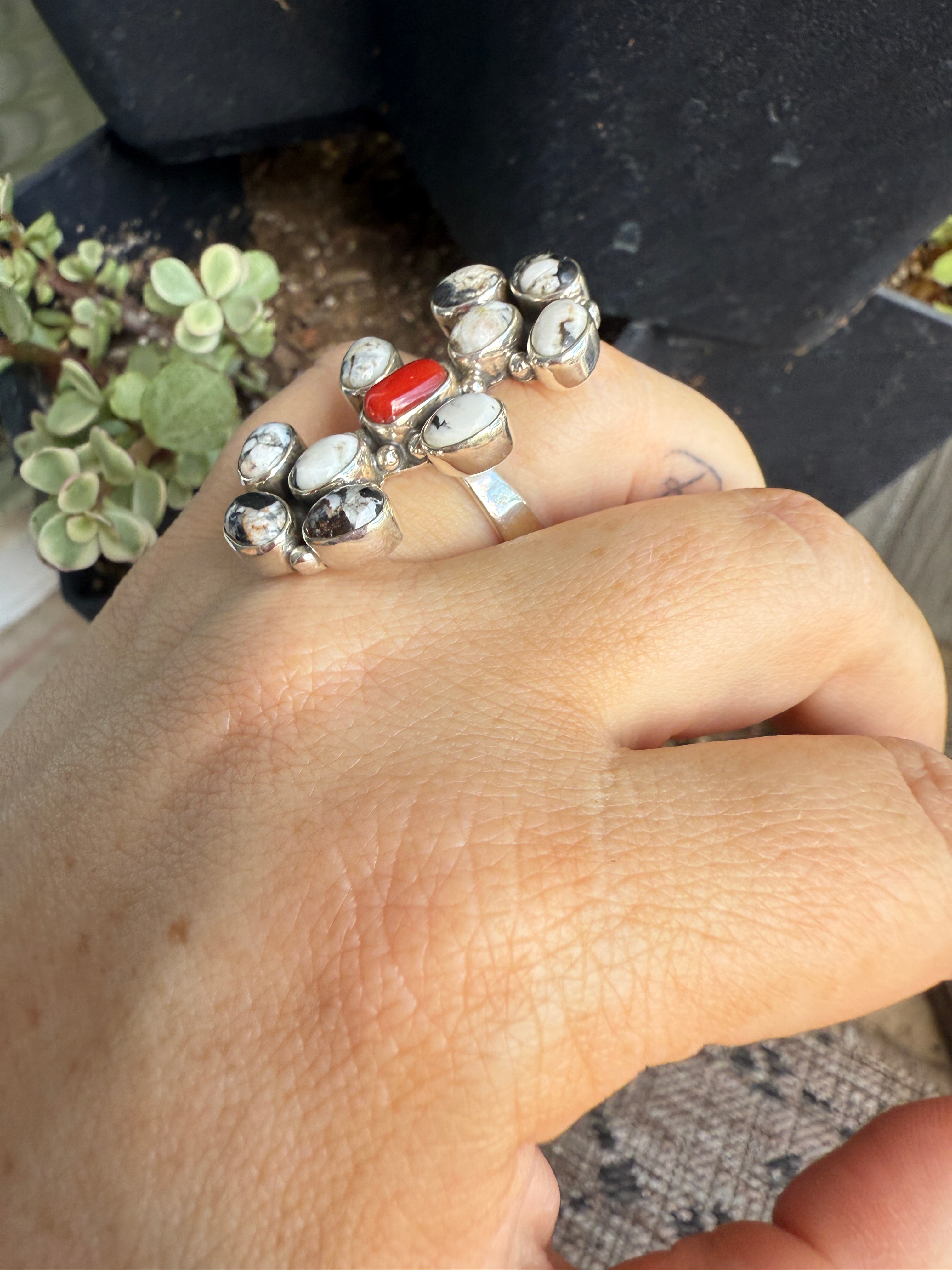 Handmade Coral, White Buffalo & Sterling Silver Adjustable Ring Signed Nizhoni