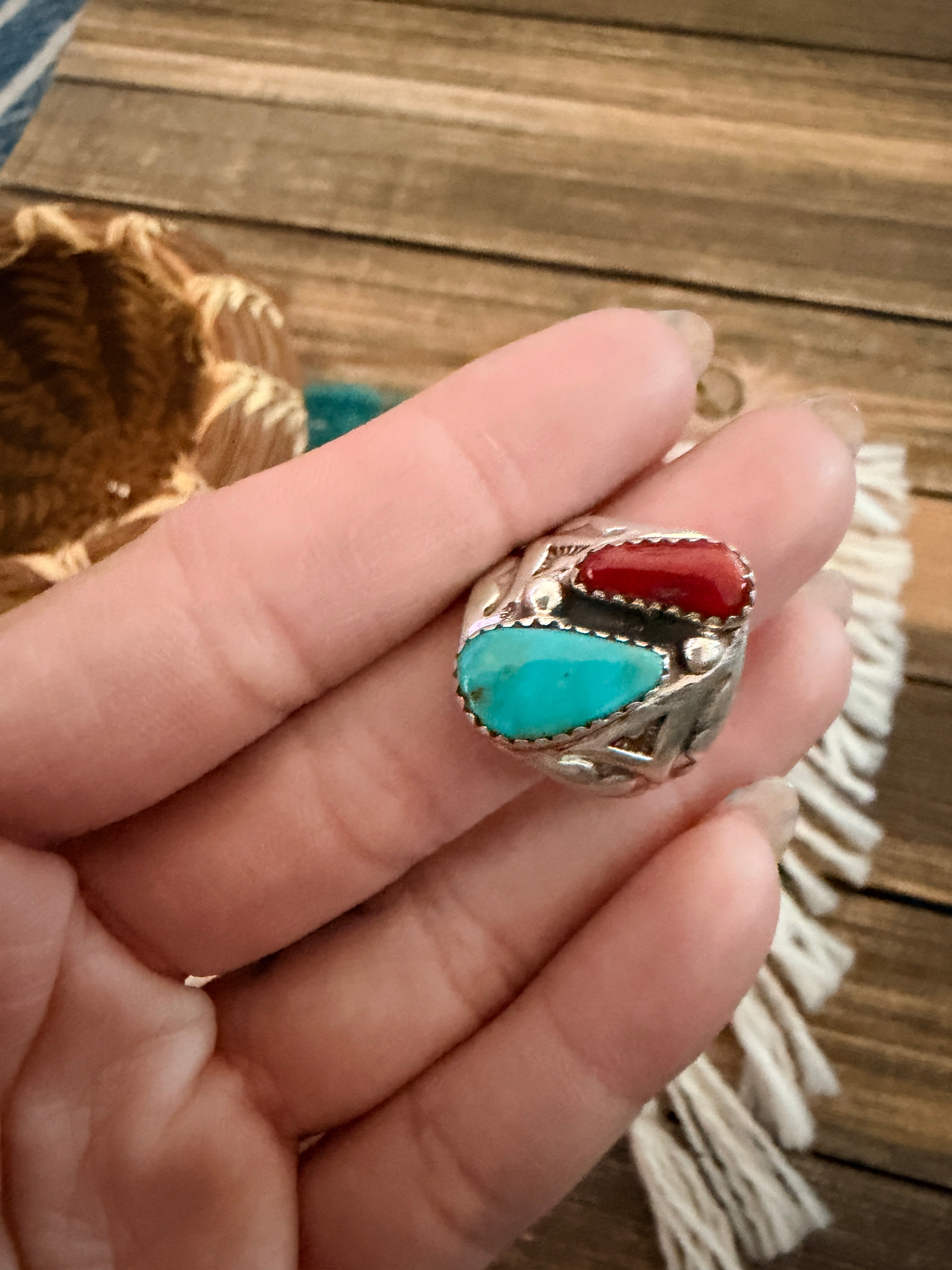 Handcrafted Turquoise, Coral & Sterling Silver Ring Size 8.25