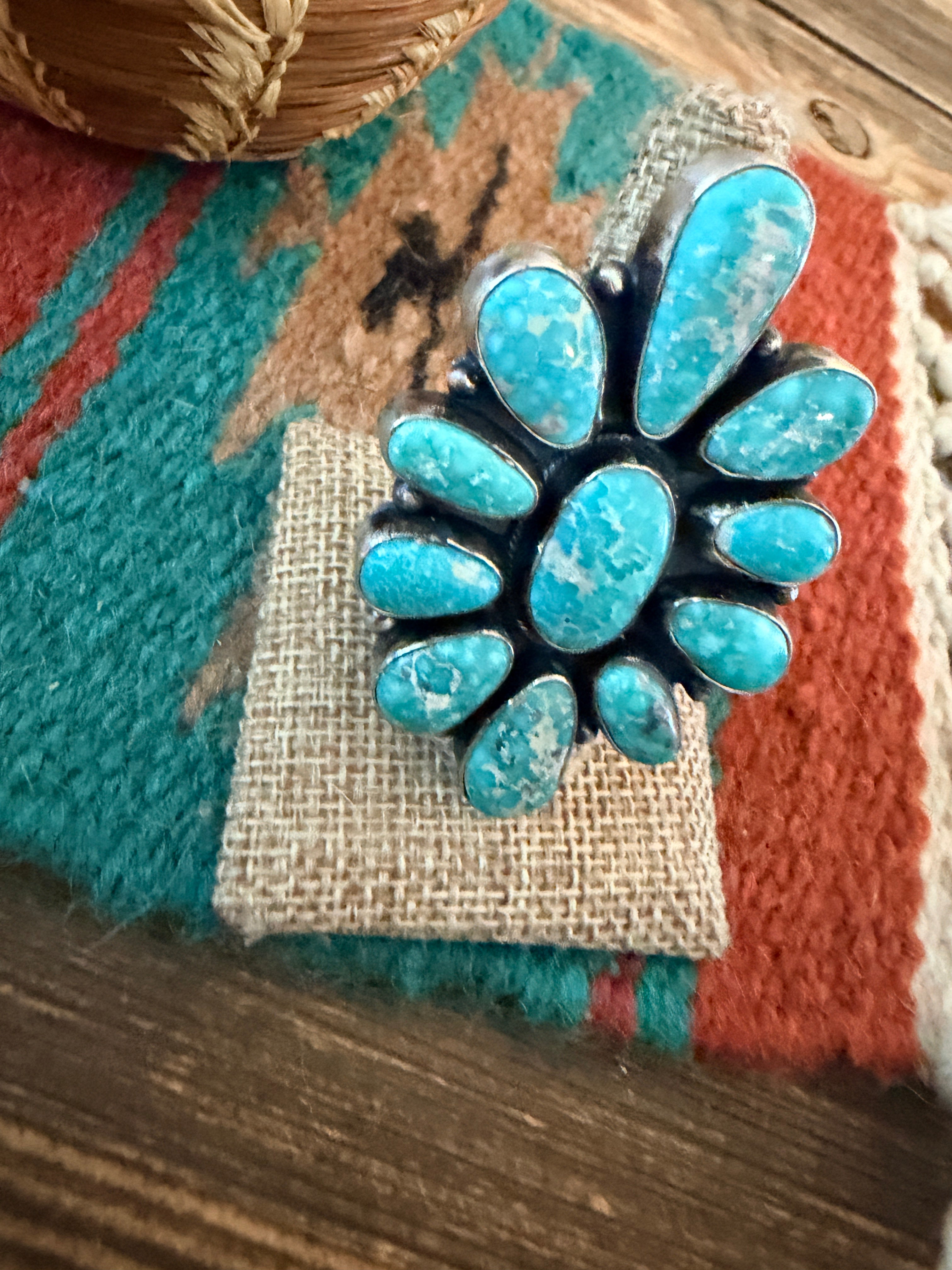 Handcrafted Kingman Turquoise & Sterling Silver Cluster Ring Size 8 by Sheila Becenti