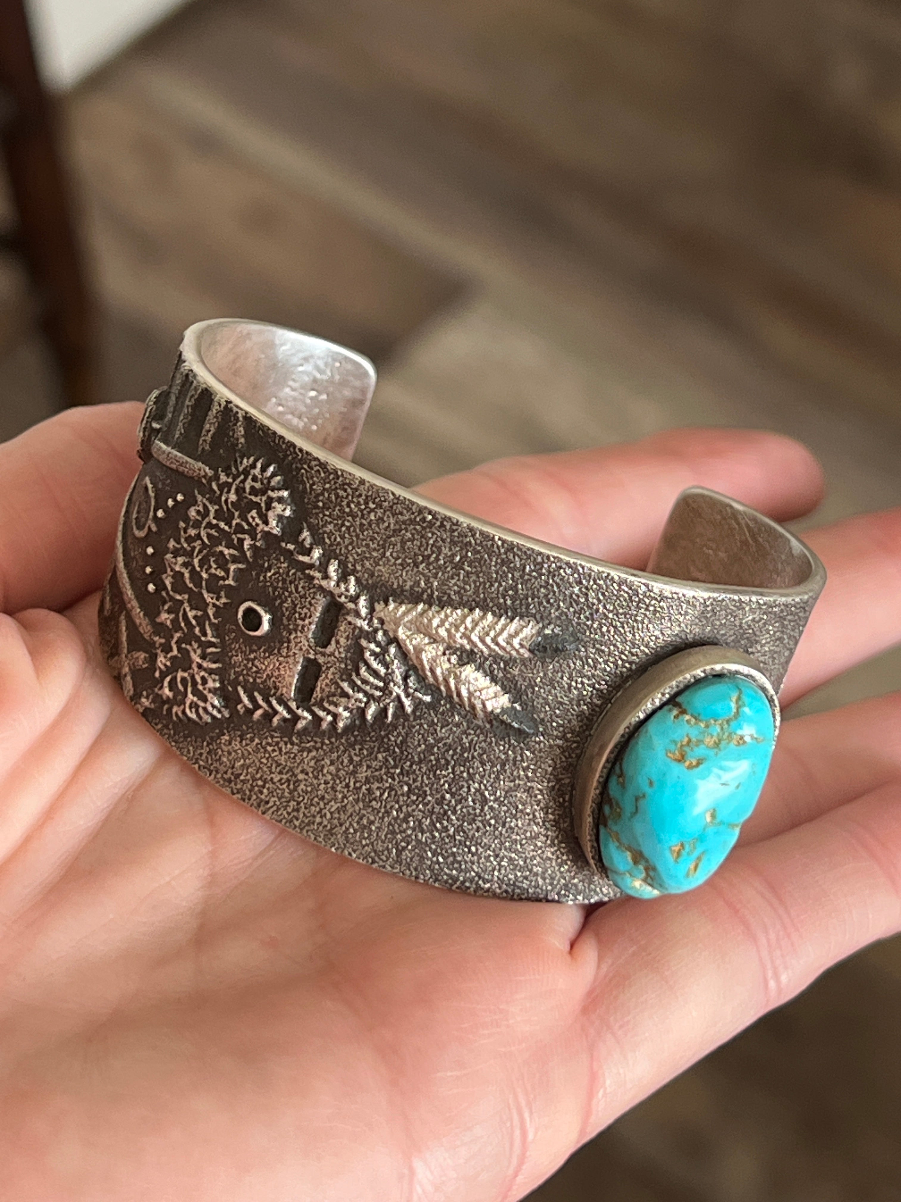 Navajo Tufa Cast Sterling Mudhead Cuff Bracelet with Kingman Turquoise by Lee Begay