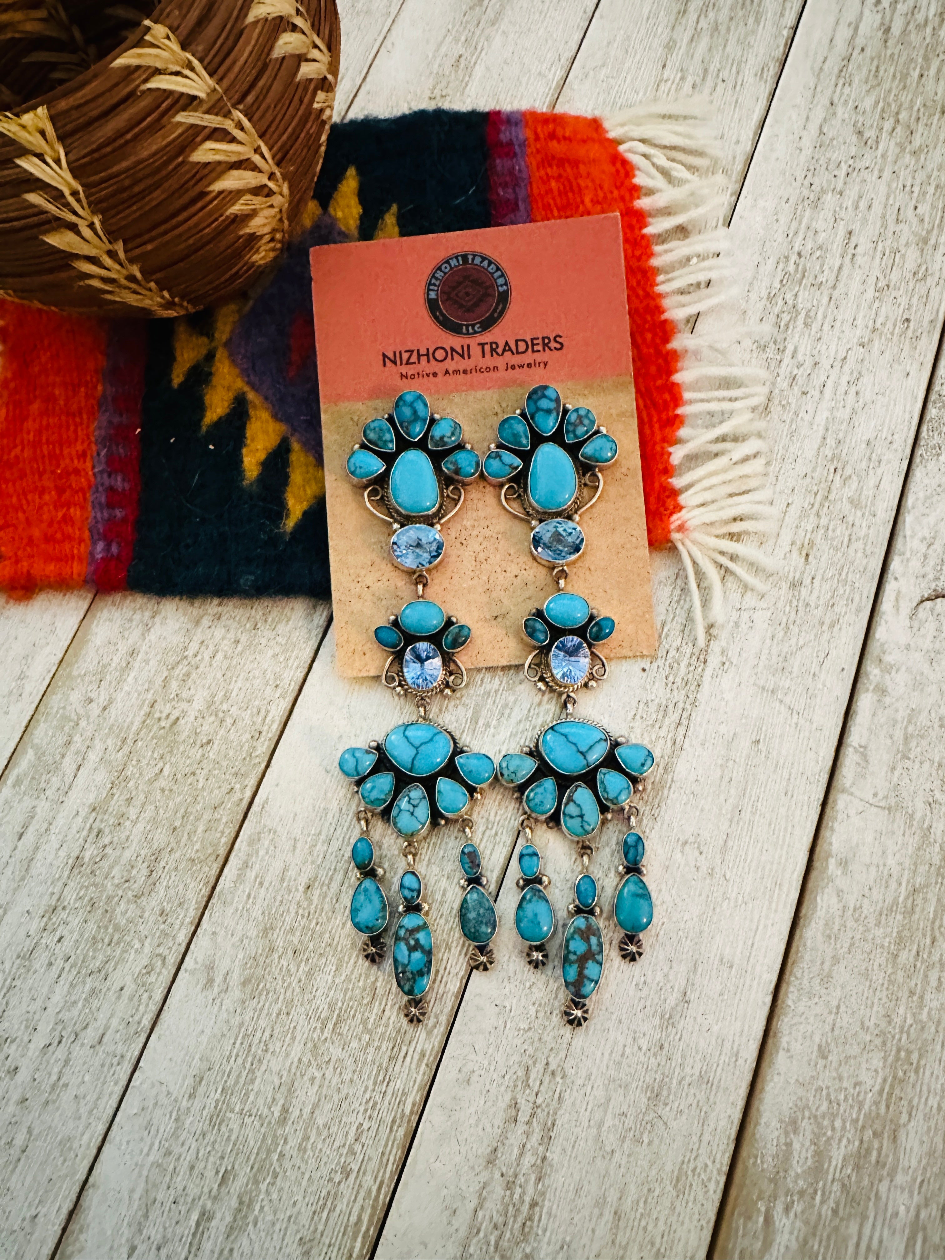 Navajo Turquoise, Topaz & Sterling Silver Chandelier Dangle Earrings