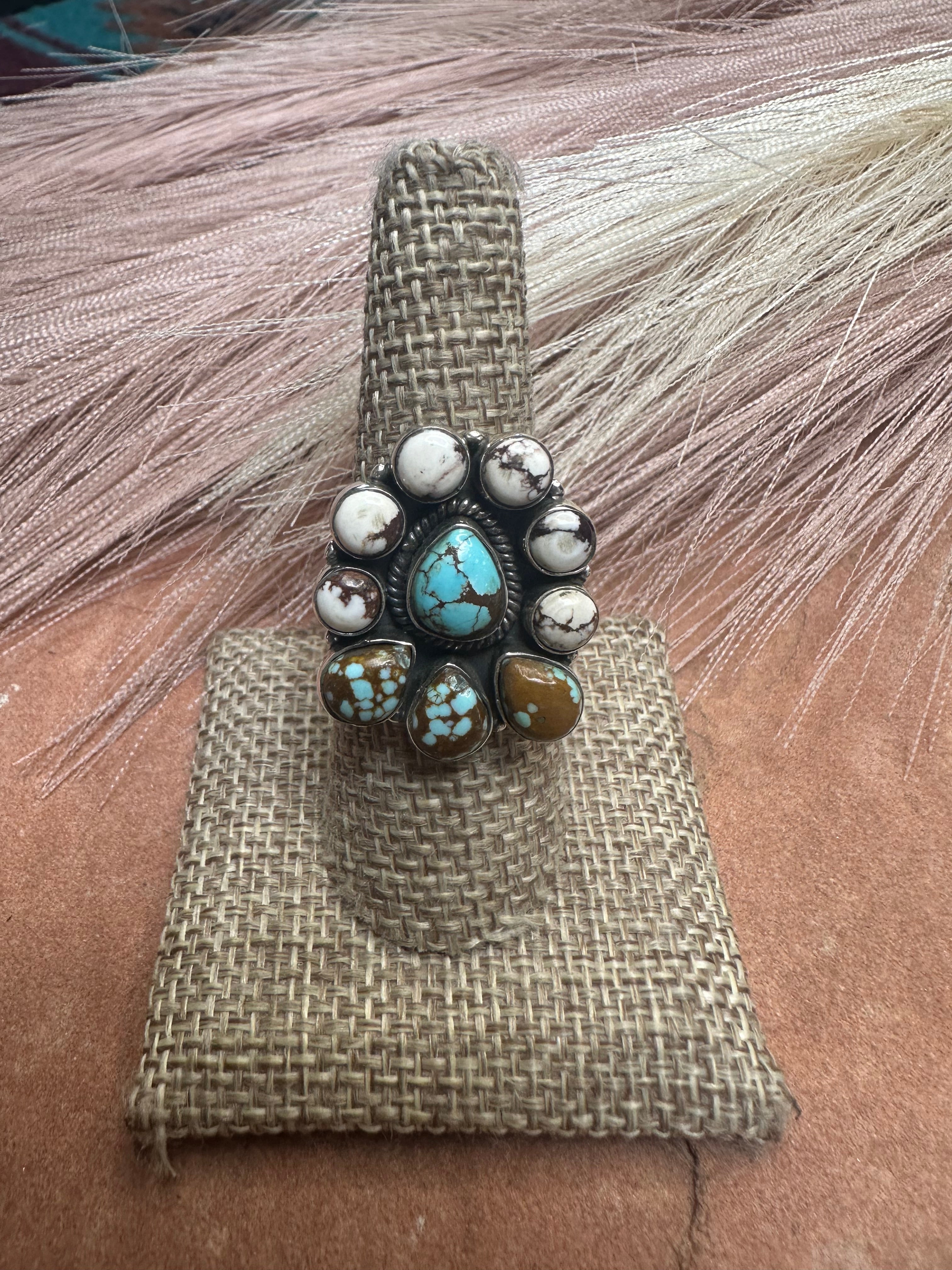 Beautiful Handmade Number 8 Turquoise, Wild Horse And Sterling Silver Adjustable Ring