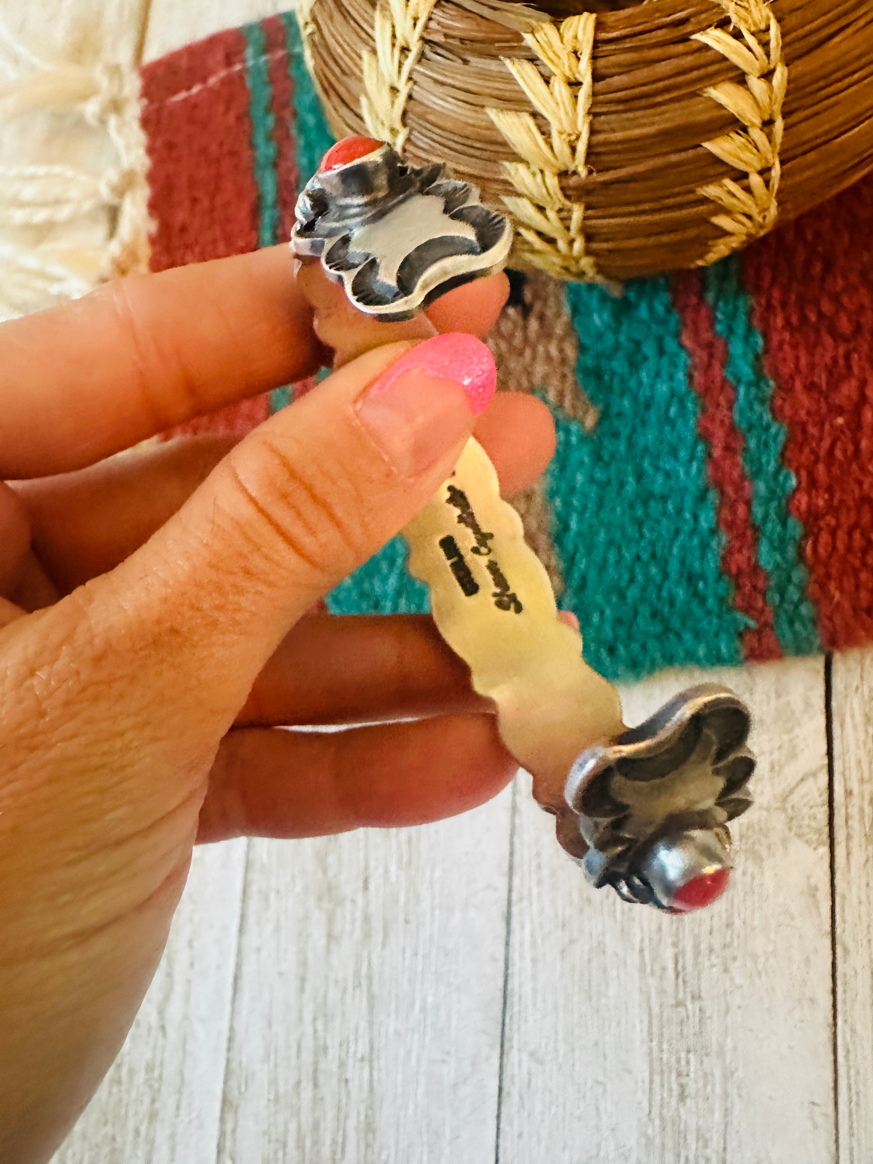 Navajo Coral & Sterling Silver Cuff Bracelet by Shawn Cayatineto