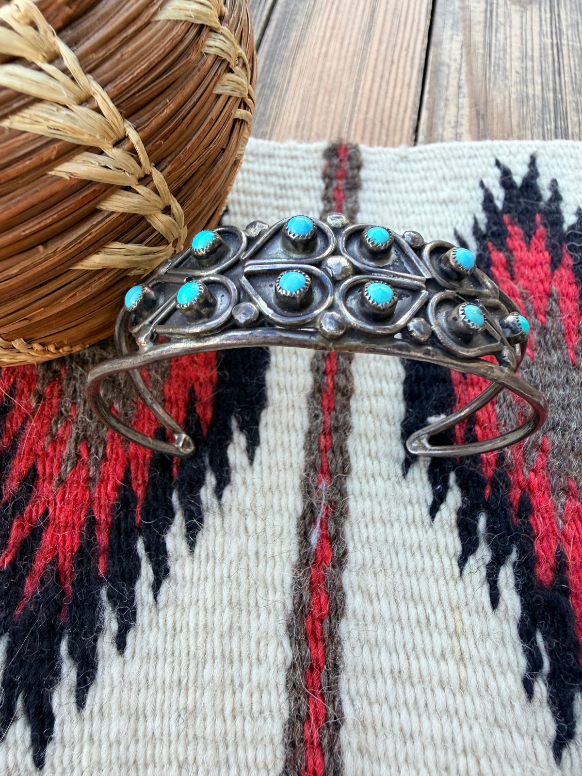 Handcrafted Old Pawn Sterling Silver & Turquoise Petit Point Cuff Bracelet