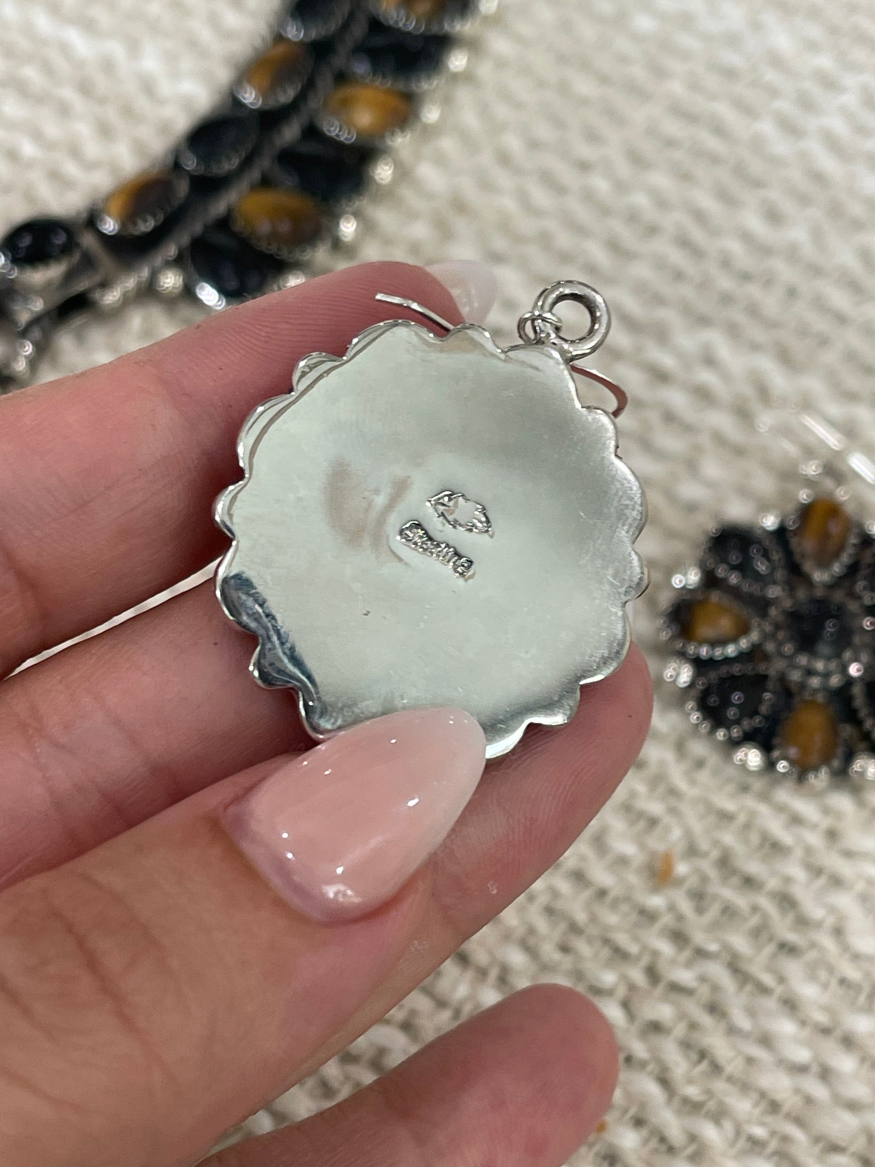 Beautiful Handmade Sterling Silver, Onyx & Tiger’s Eye Cluster Necklace And Earring Set