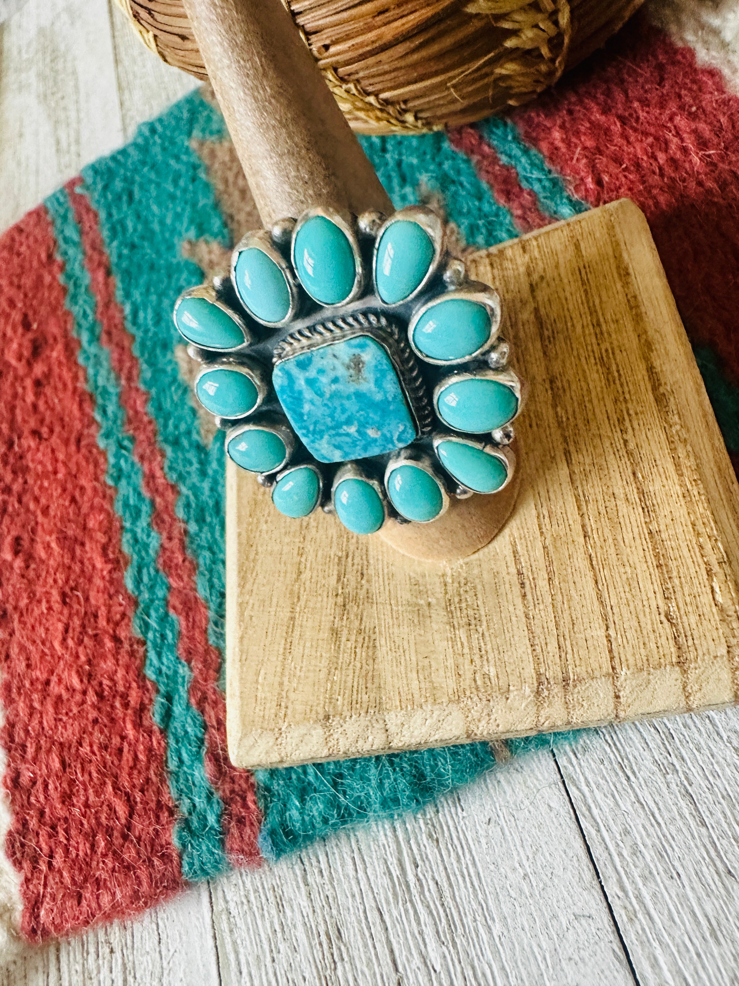 Navajo Turquoise & Sterling Silver Cluster Ring Size 7.5