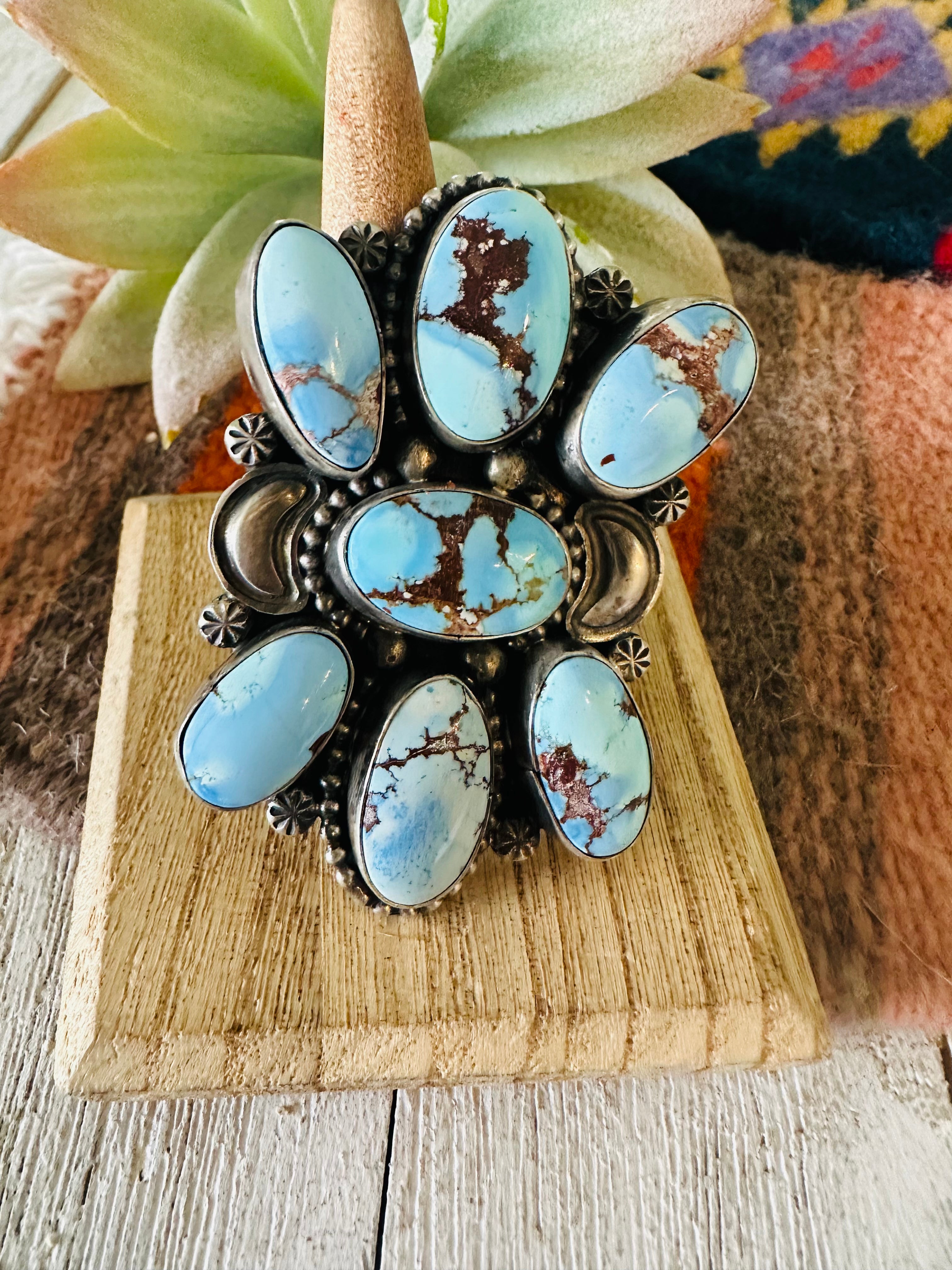 Navajo Golden Hills Turquoise & Sterling Silver Cluster Ring Size 10