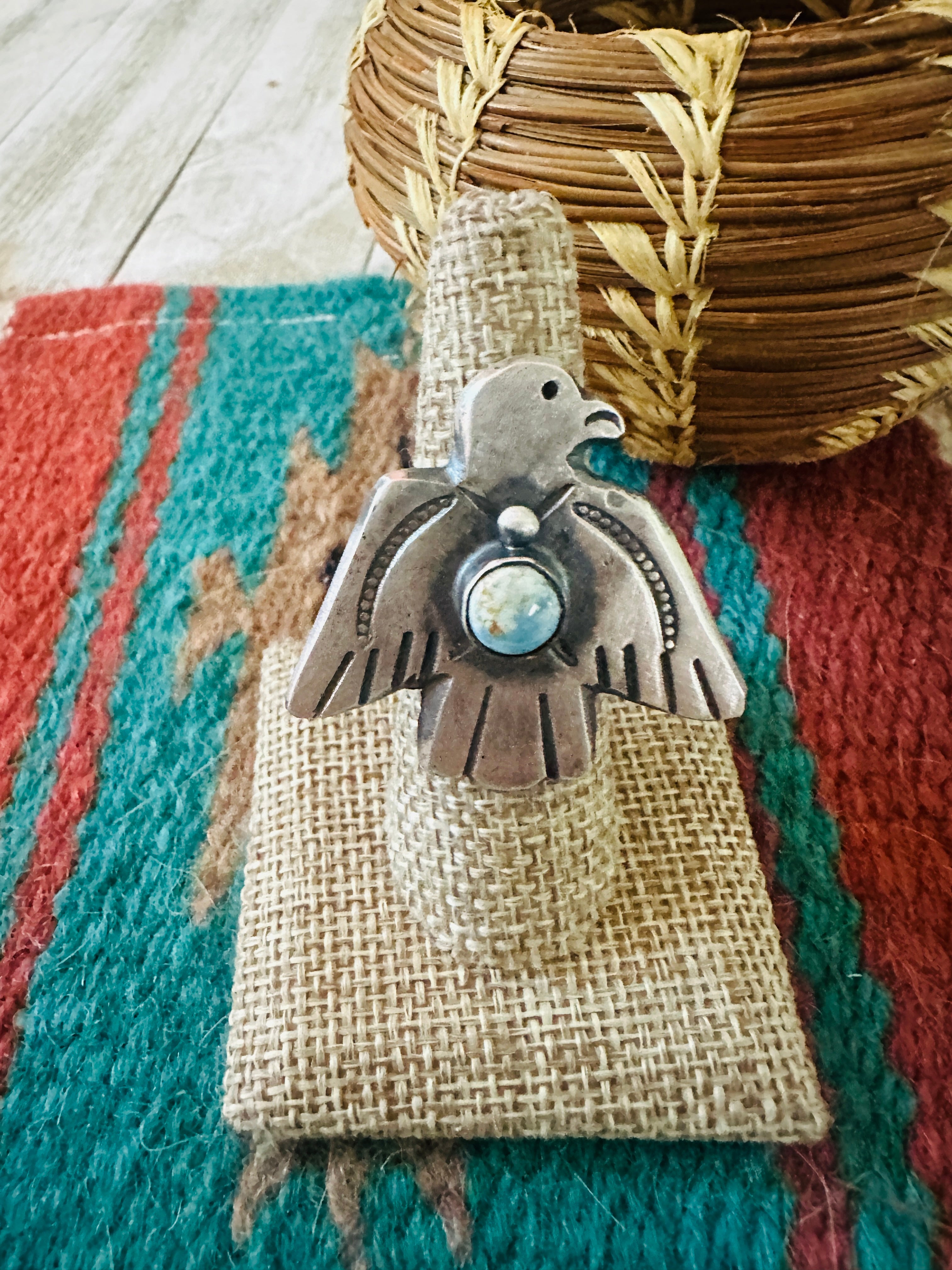 Handcrafted Turquoise & Sterling Silver Thunderbird Ring Chimney Butte Size 7