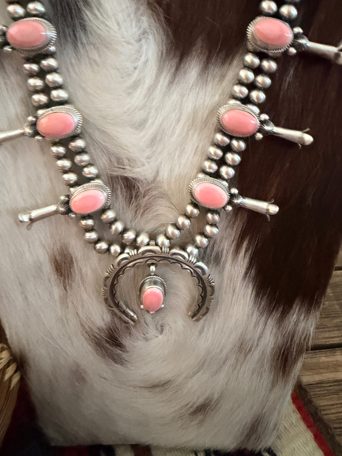 Handcrafted Queen Pink Conch & Sterling Silver Beaded Squash Blossom Necklace Set by Melvin Francis