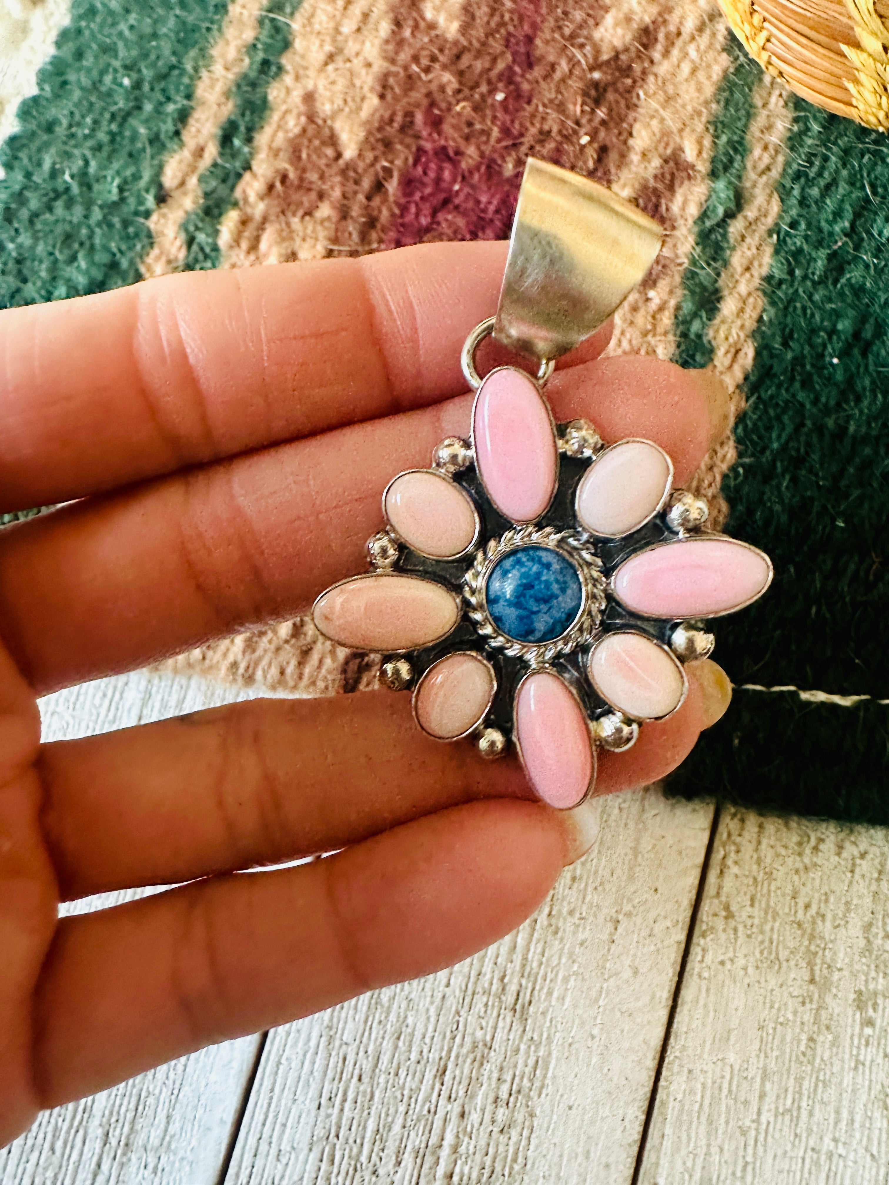 Navajo Queen Pink Conch, Lapis & Sterling Silver Cluster Pendant