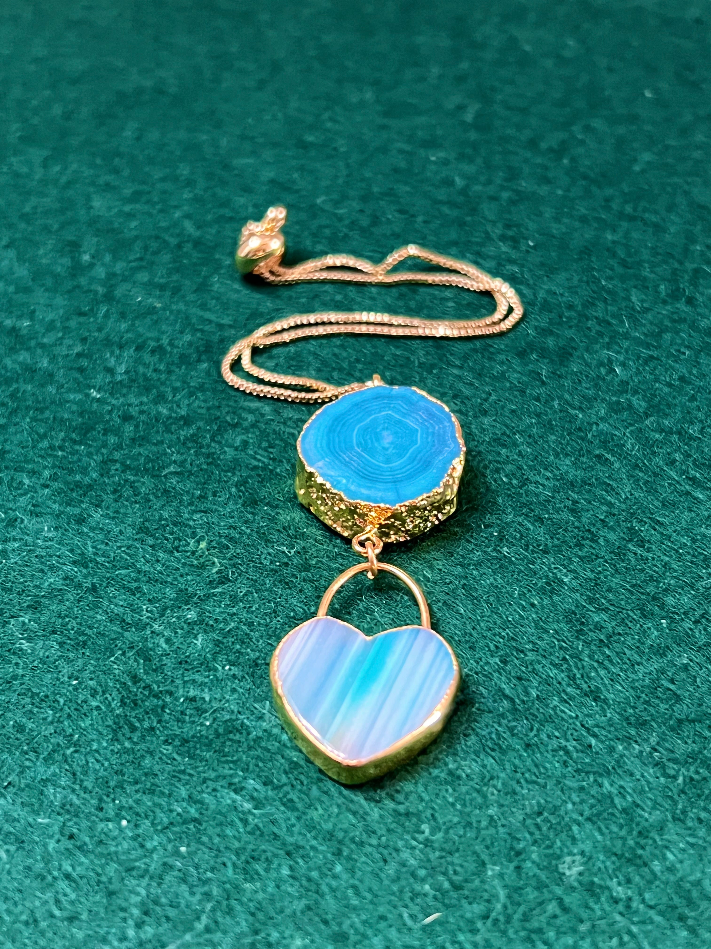 Handmade 14k Gold Druzy Plated Brass Dangle Heart & Blue Geode Adjustable Bracelet