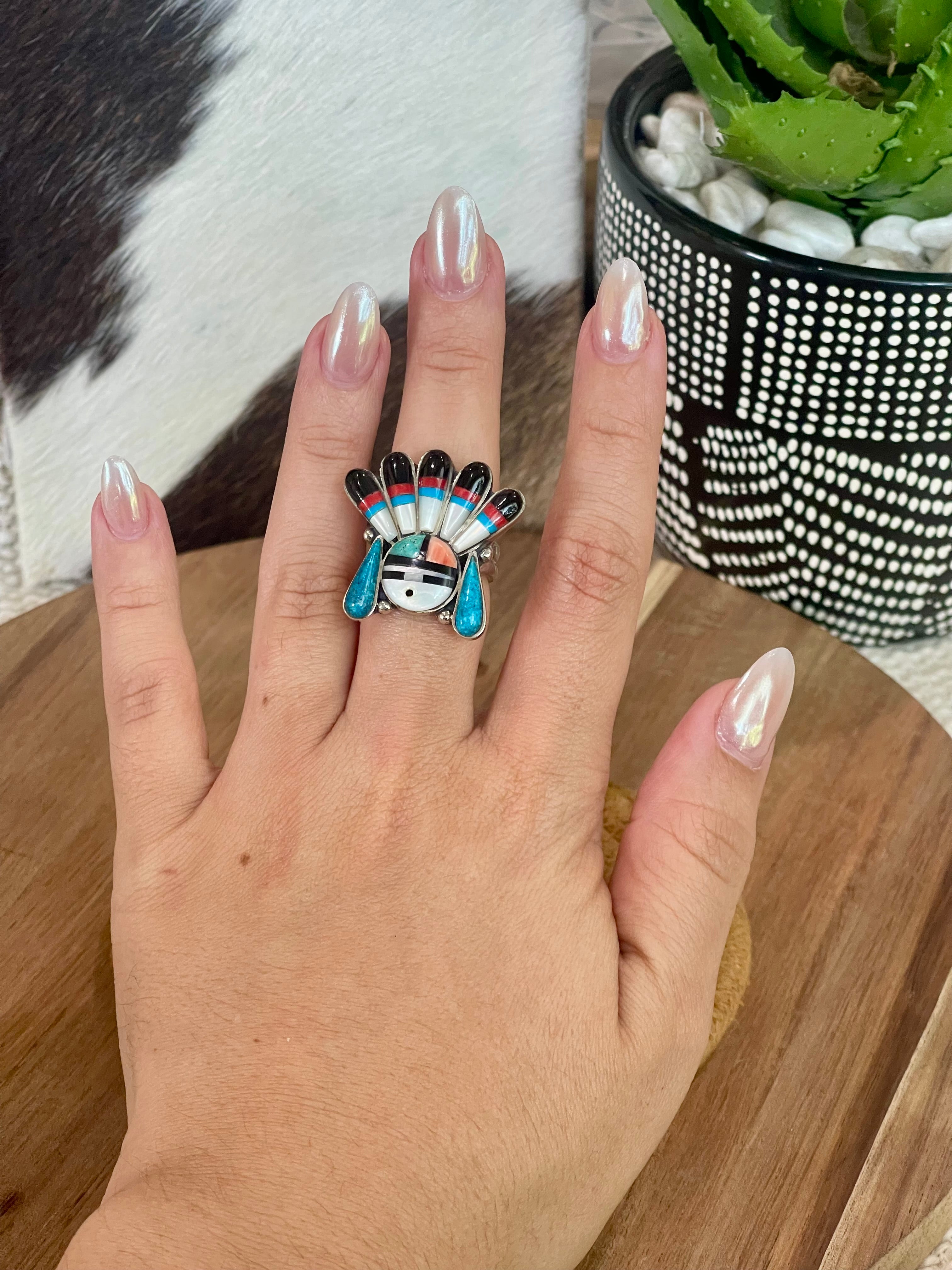 Handmade Sterling Silver & Multi Stone Sunface Adjustable Ring