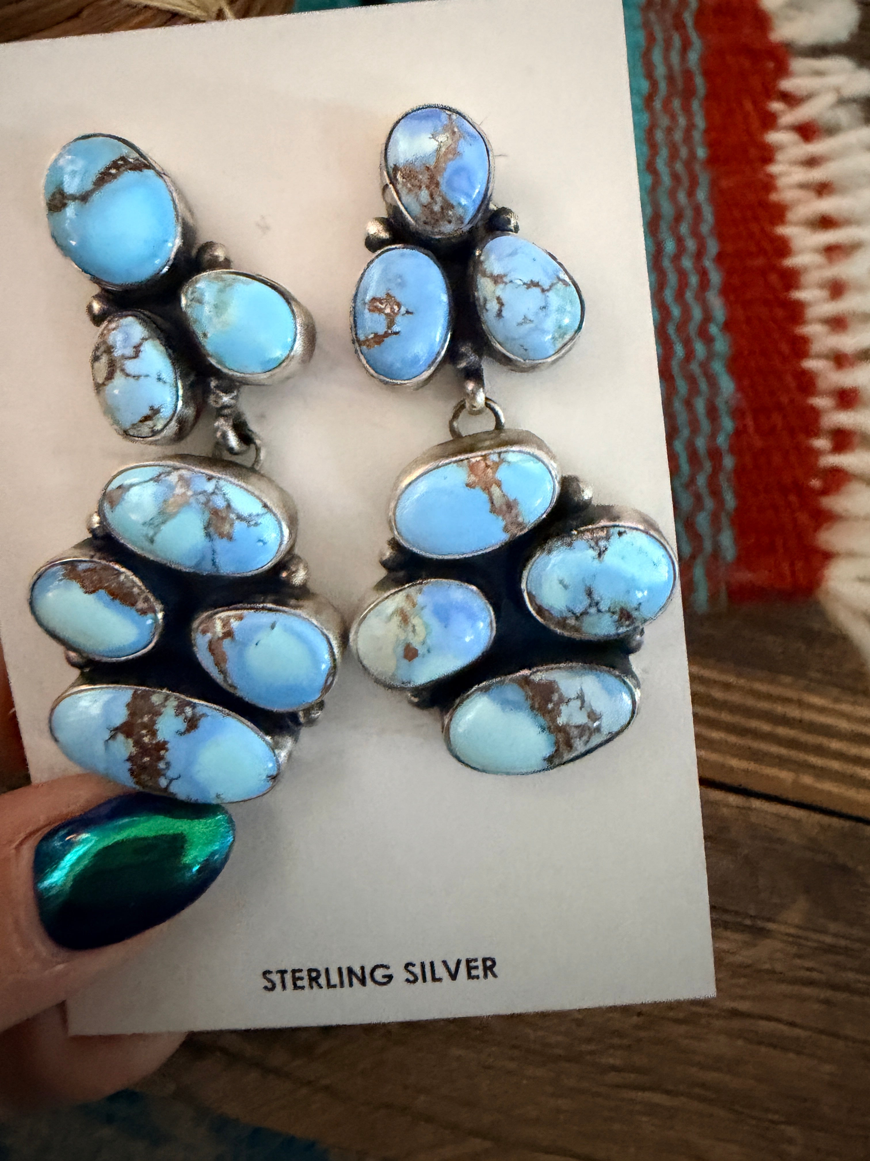 Handcrafted Golden Hills Turquoise & Sterling Silver Cluster Dangle Earrings by Jameson Garcia