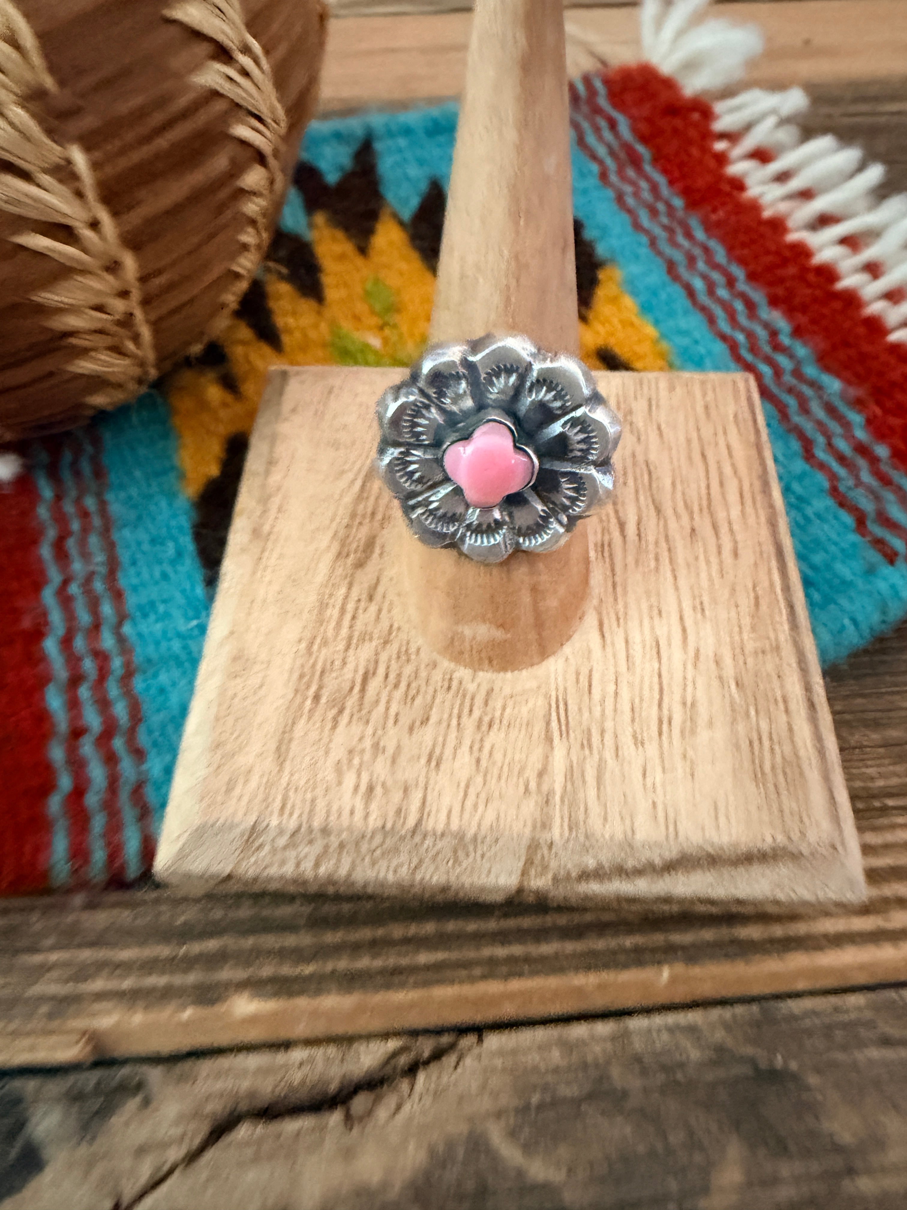 Handcrafted Queen Pink Conch and Sterling Silver Flower Ring size 7.5 by Chimney Butte
