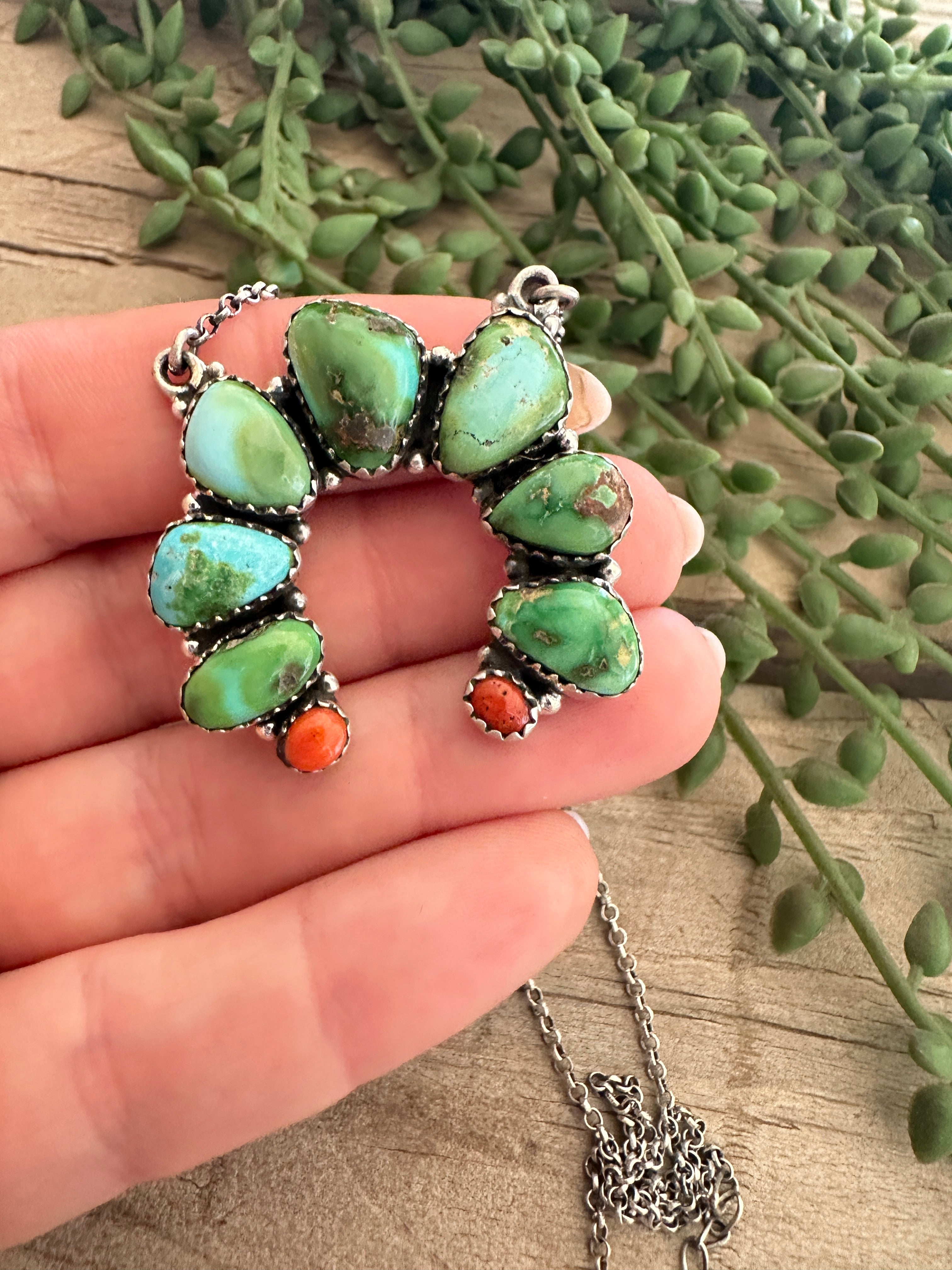 Beautiful Handmade Sterling Silver, Coral & Sonoran Turquoise Naja Necklace