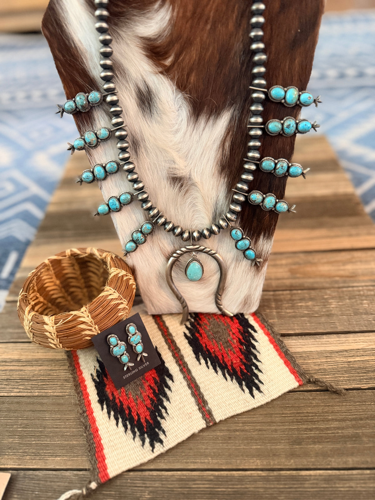 Handcrafted Turquoise & Sterling Silver Squash Blossom Necklace and Earring Set by Larry Kaye