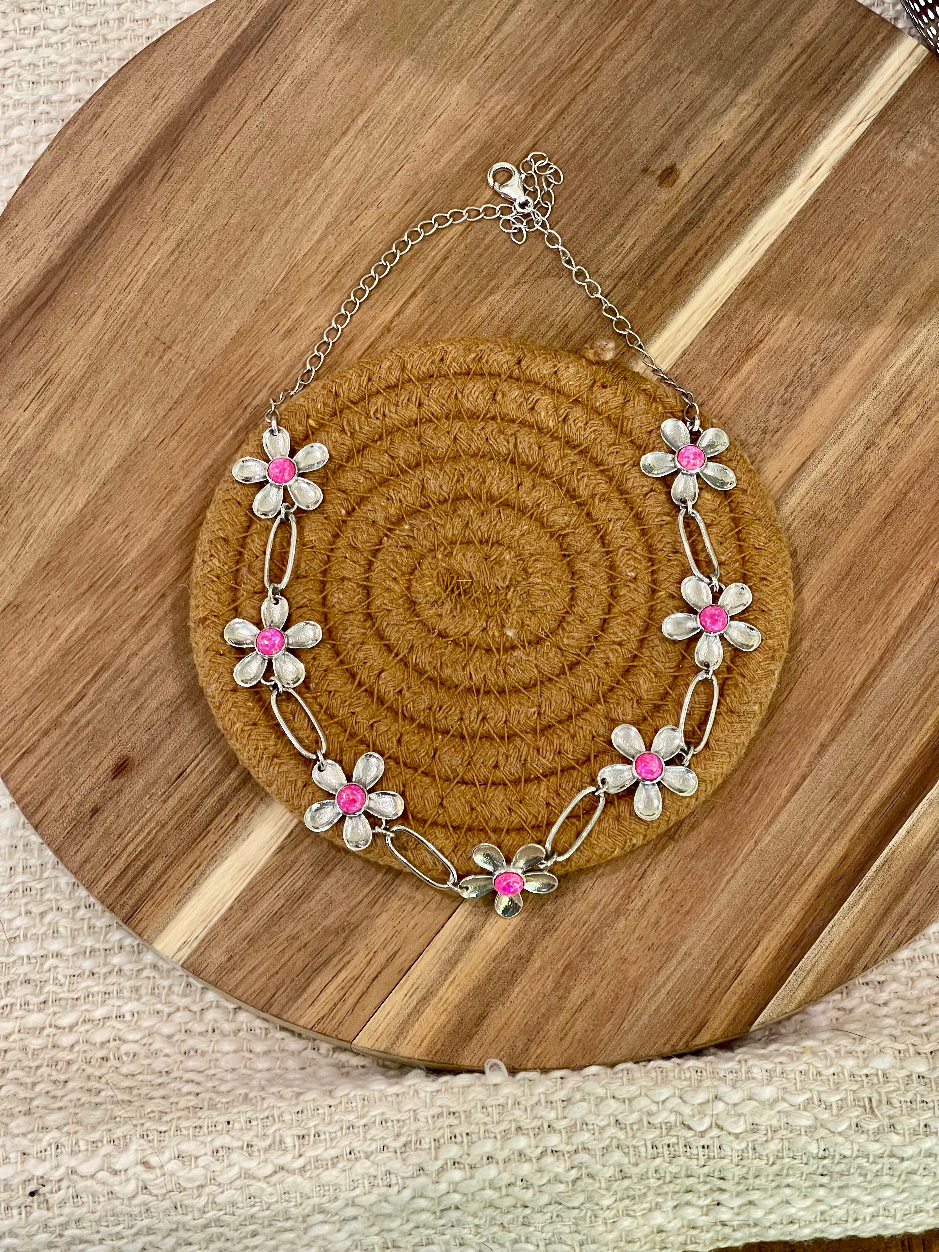 DAISY Handcrafted Sterling Silver & Pink Fire Opal Flower Necklace