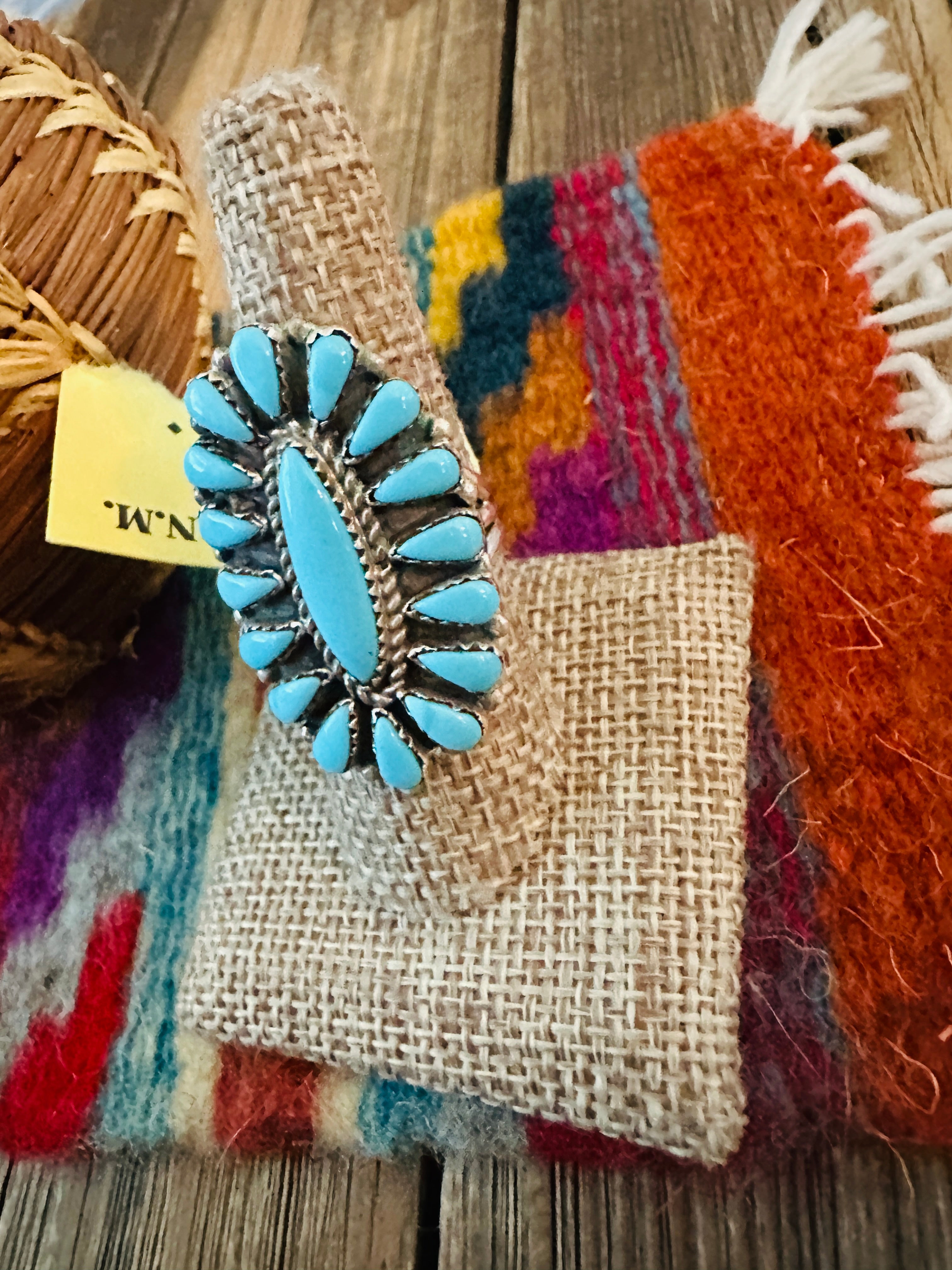 Old Pawn Handcrafted Turquoise & Sterling Silver Cluster Ring Size 8.5