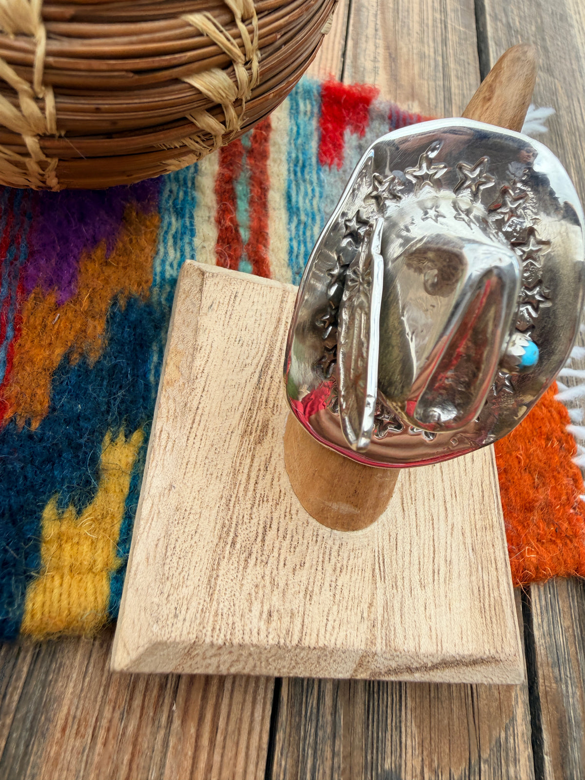 Handcrafted Turquoise and Sterling Silver Cowboy Hat Adjustable Ring