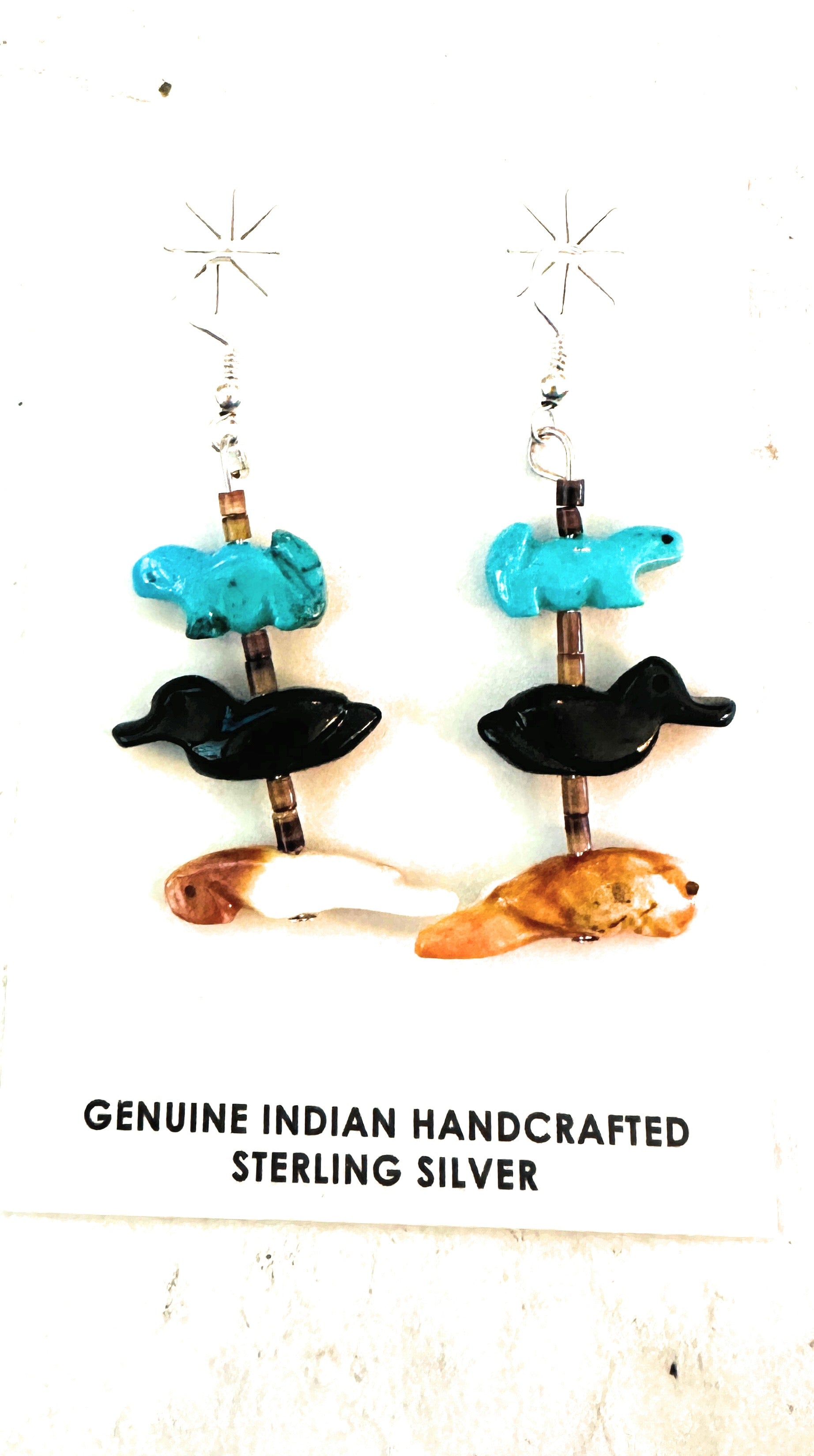 Zuni Multi Stone Beaded Fetish Dangle Earrings