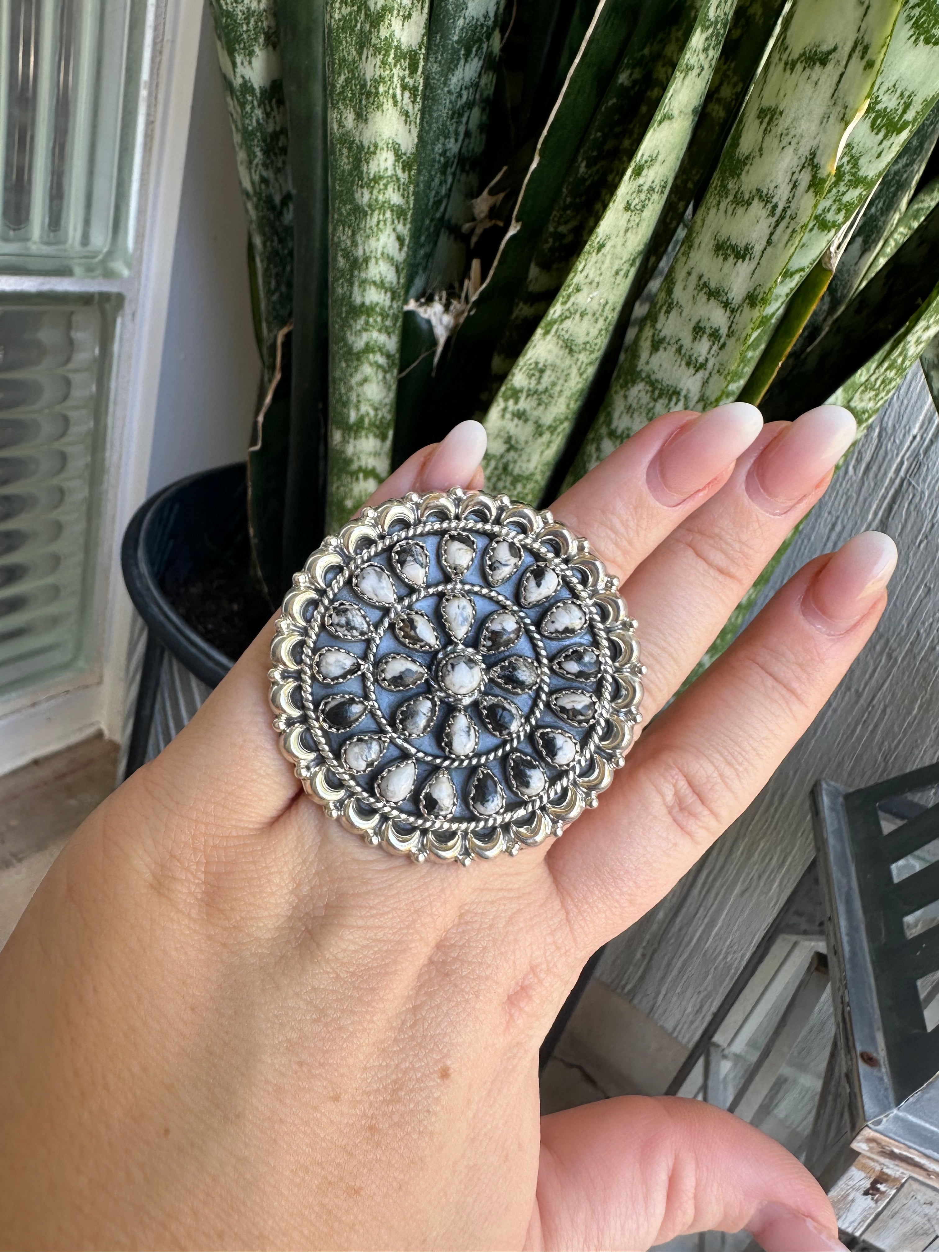 Beautiful Handmade White Buffalo And Sterling Silver Adjustable Cluster Ring