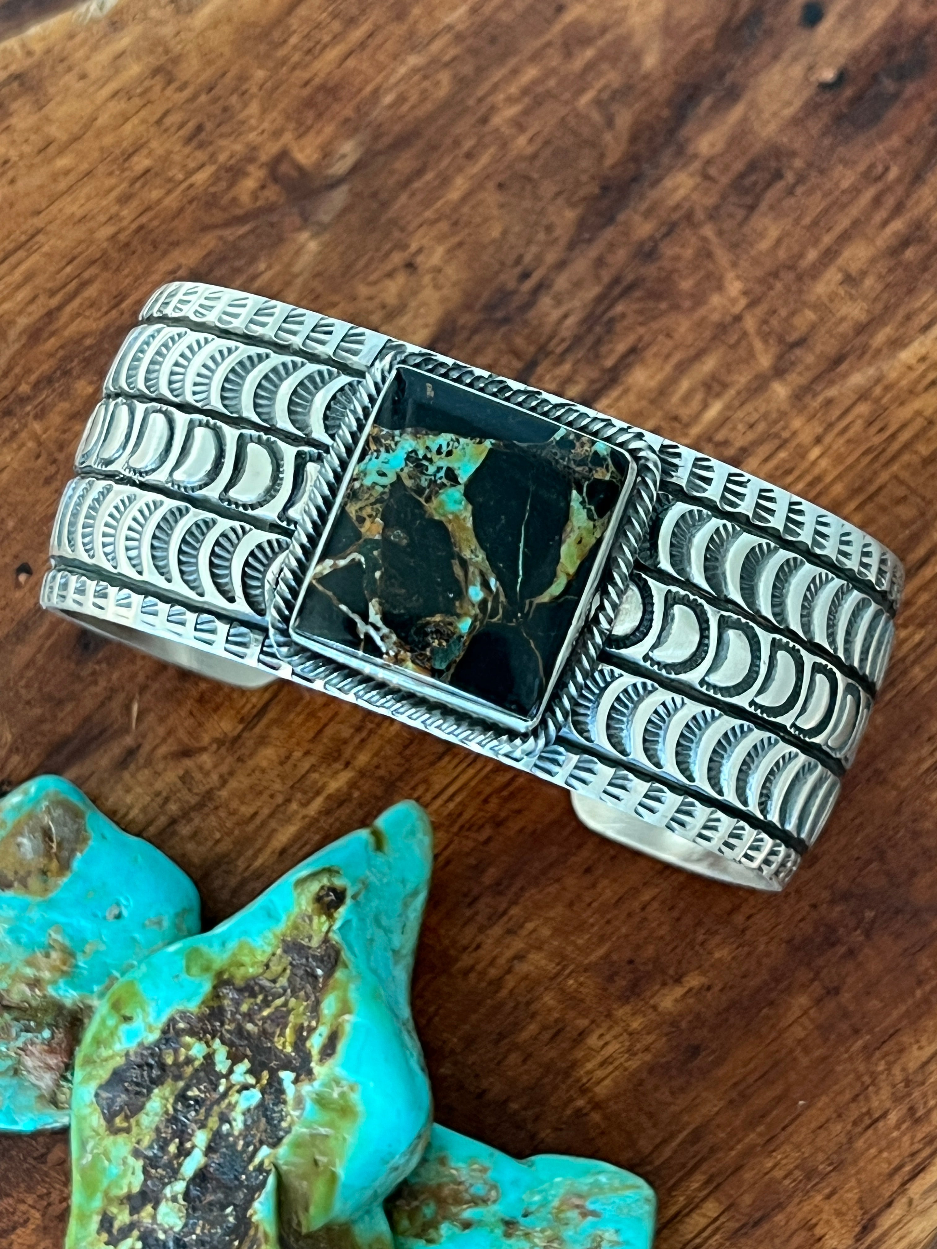 Handcrafted Sterling Silver and Blackjack Turquoise Hand Stamped Cuff Bracelet by Randy Boyd