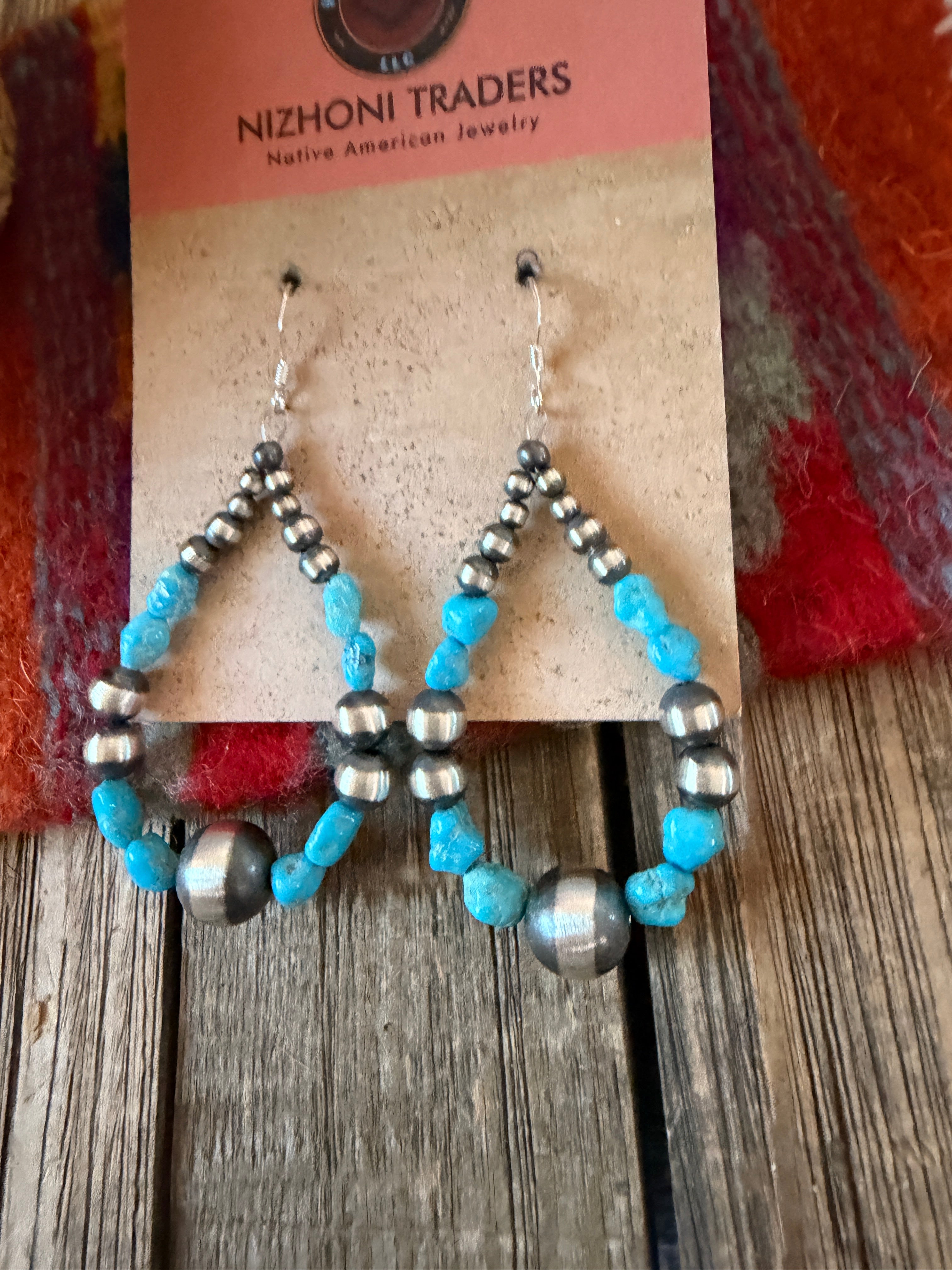 Handcrafted Turquoise & Sterling Silver Pearl Beaded Dangle Hoop Earrings