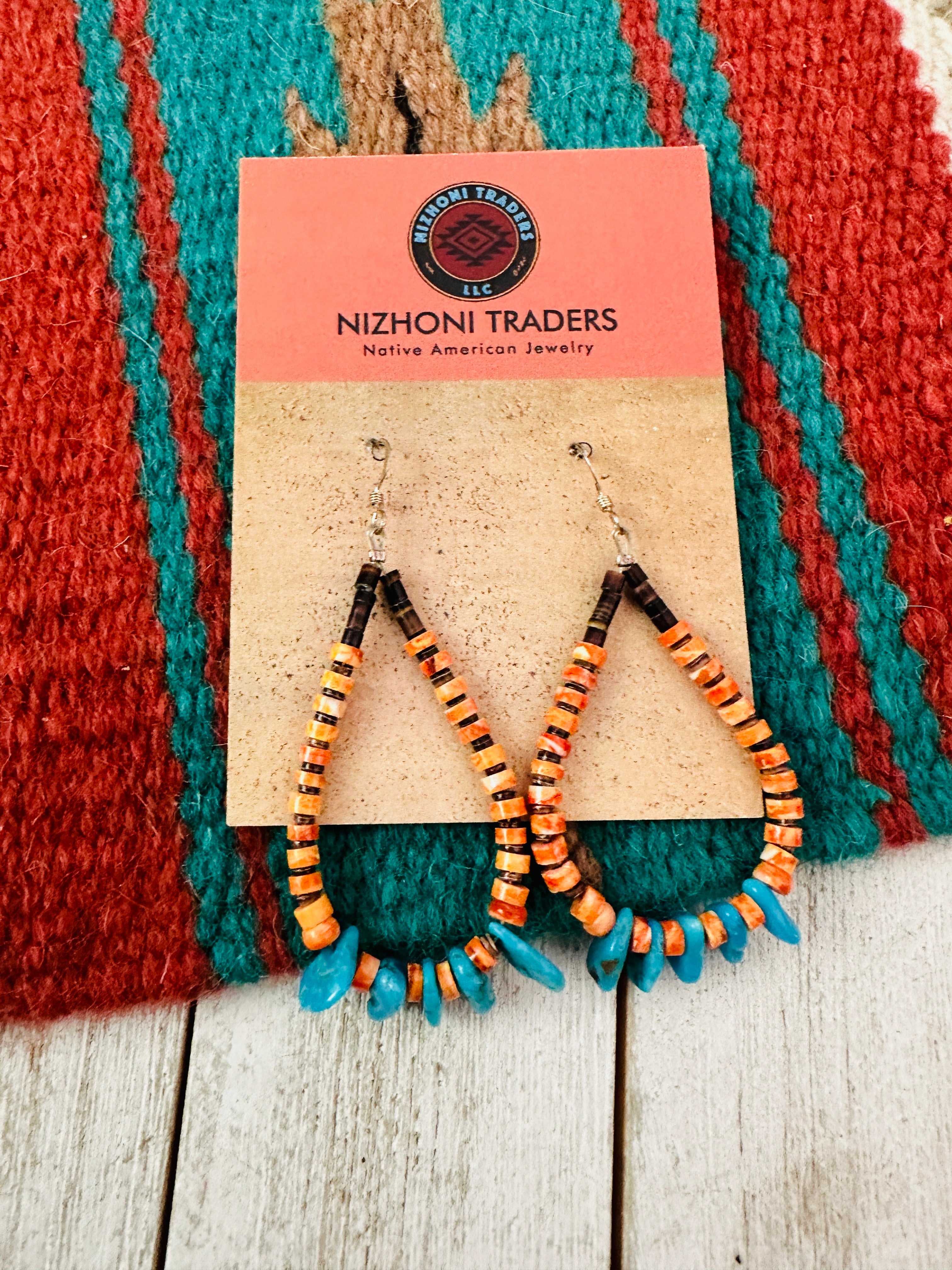 Navajo Turquoise, Spiny & Heishi Beaded Hoop Earrings