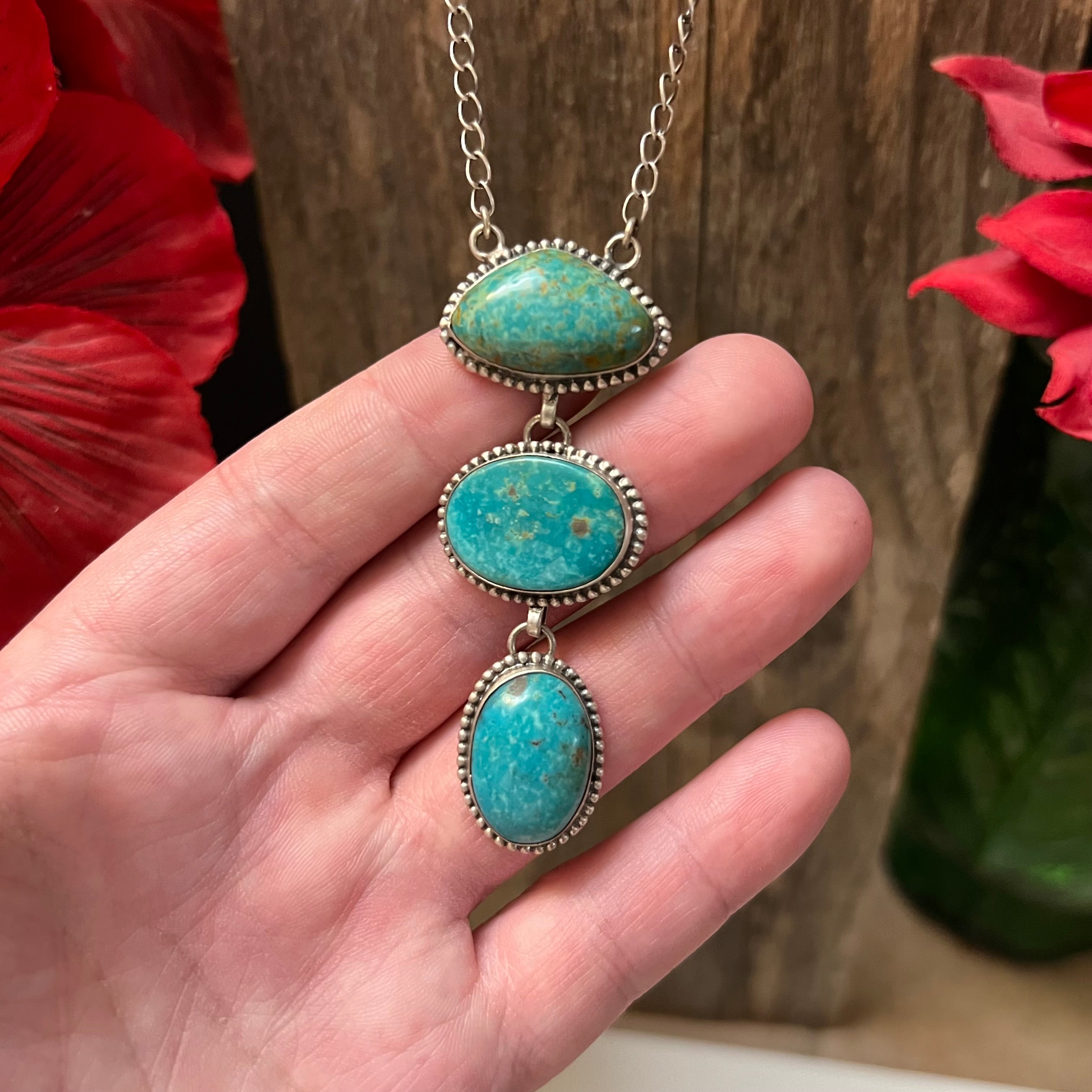 Handmade 3 Stone Turquoise & Sterling Silver Drop Necklace (01)