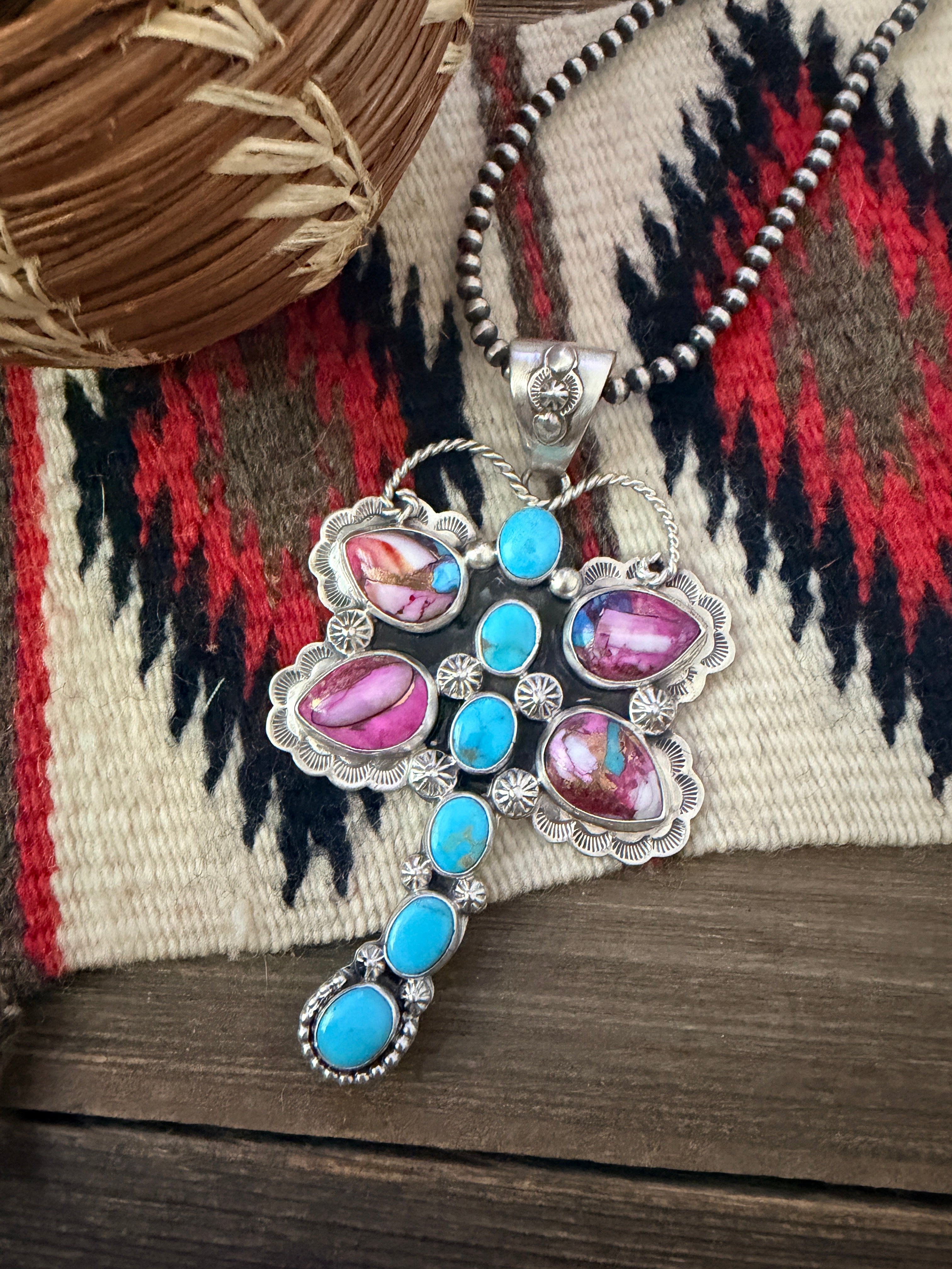 Handcrafted Sterling Silver, Pink Dream Mojave & Turquoise Dragonfly Pendant by Alice McShirley