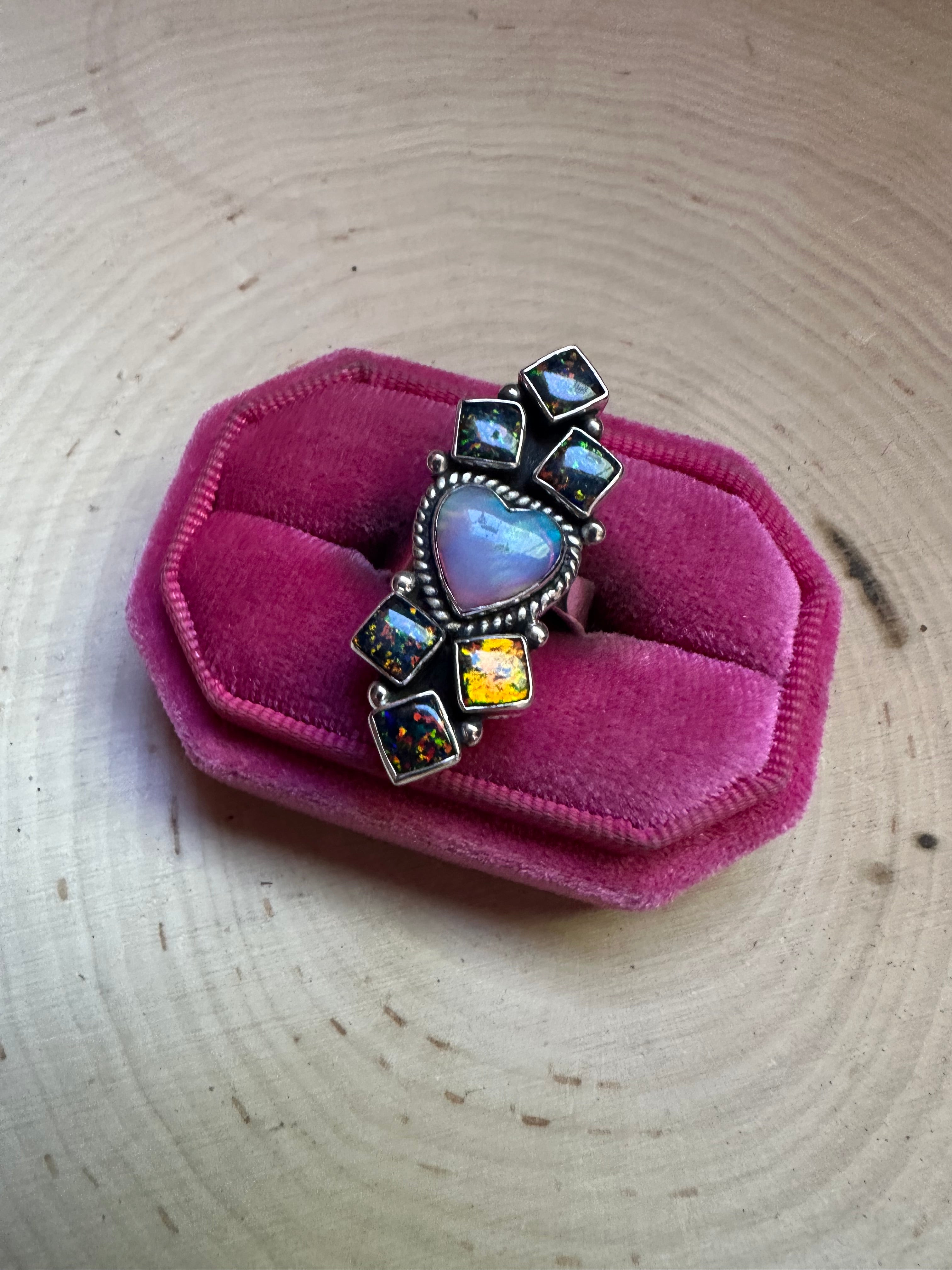 Handmade Fire Opal & Sterling Silver Adjustable Ring Signed Nizhoni