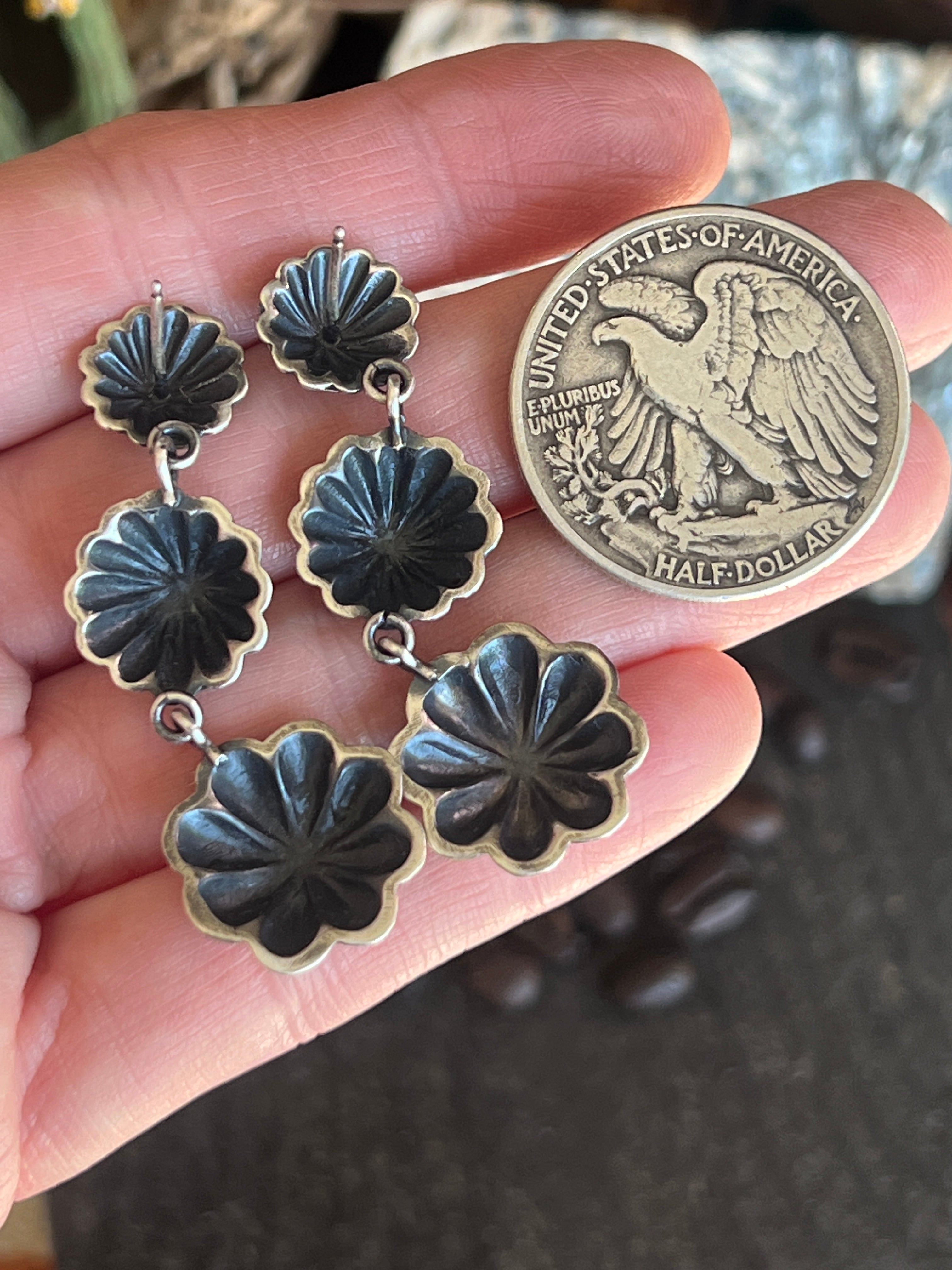 Handcrafted Triple Shot Sterling Silver Concho Post Earrings