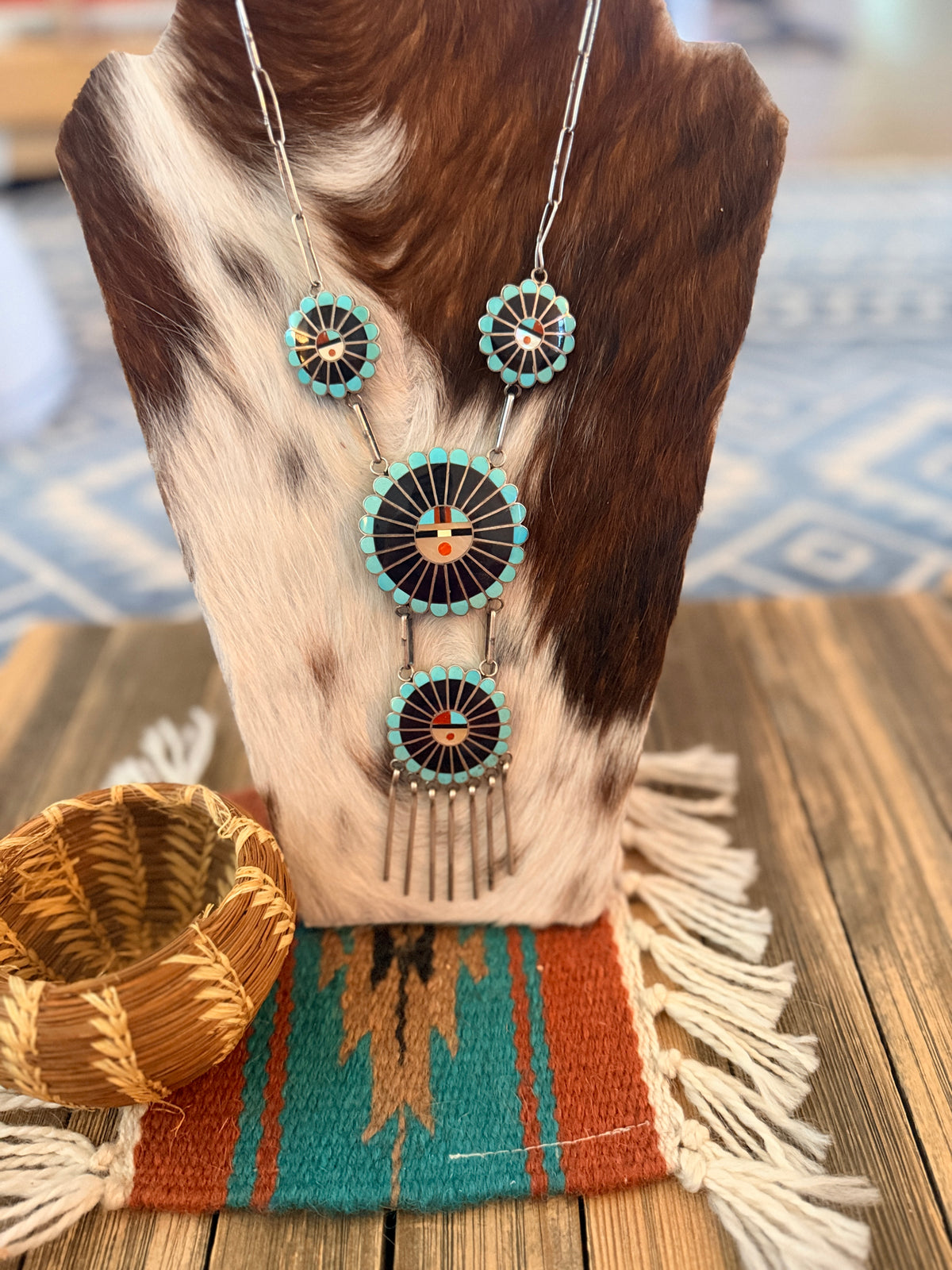 Old Pawn Handcrafted Sterling Silver and Multi Stone Inlay Sun Face Necklace