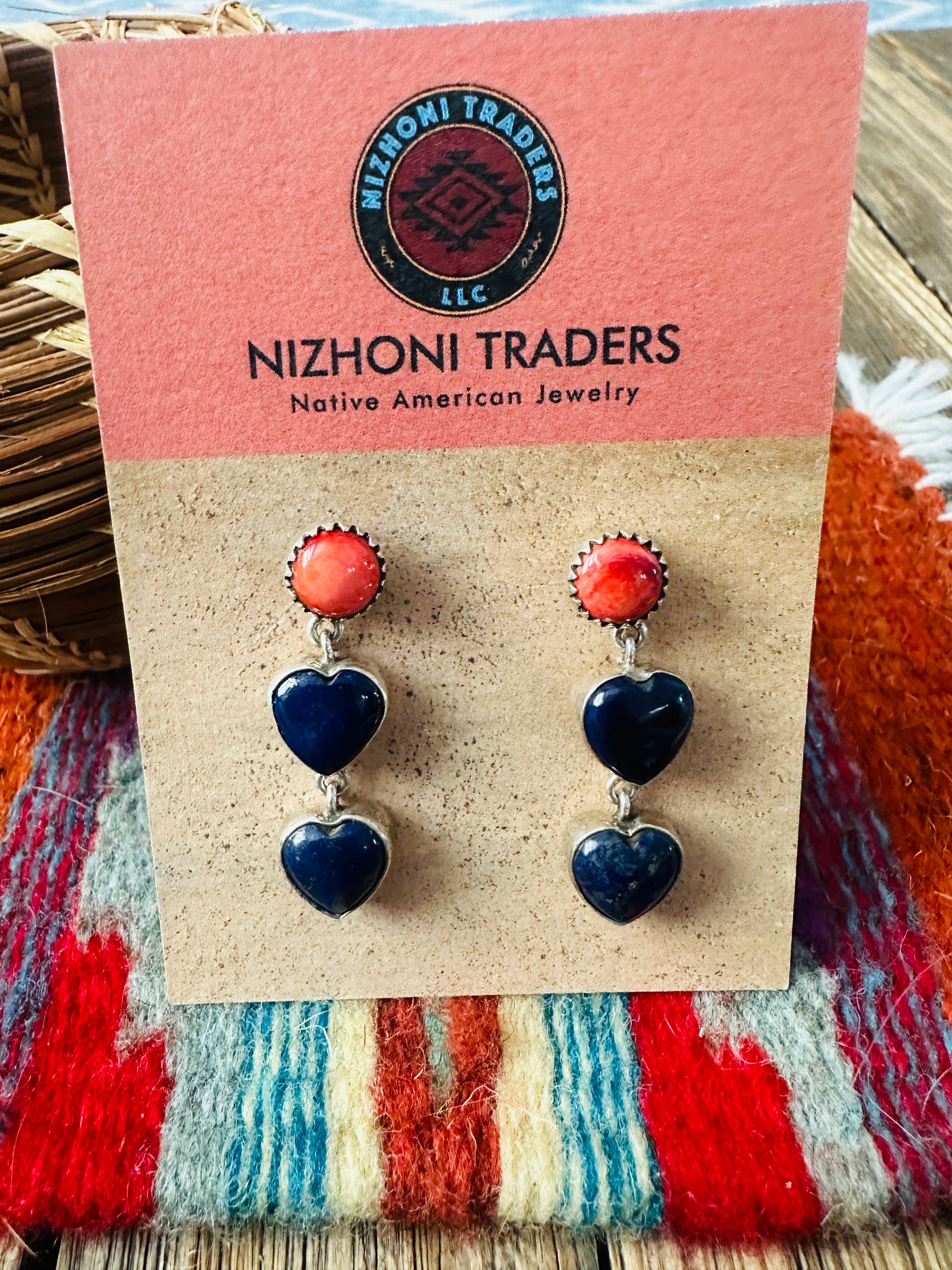 Handcrafted Lapis, Spiny & Sterling Silver Heart Dangle Earrings