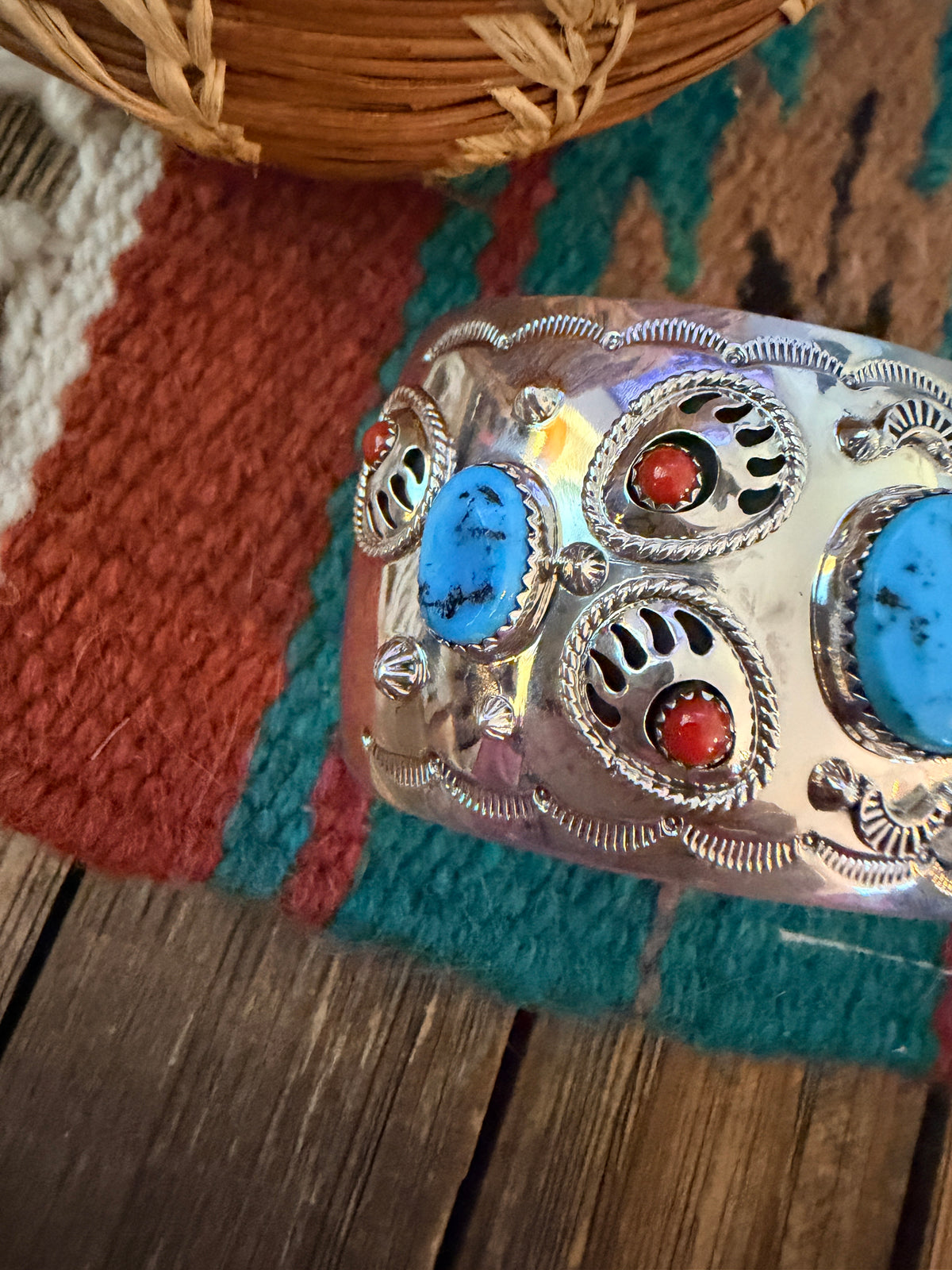 Handcrafted Old Pawn Turquoise, Coral & Sterling Silver Bear Paw Cuff Bracelet